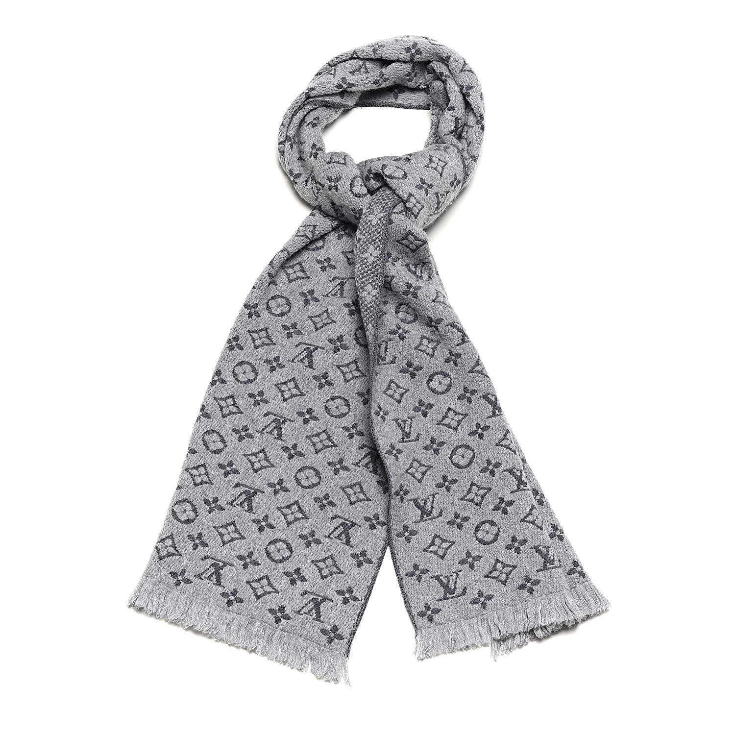 Auth Louis Vuitton Grey "Columbia" Cable Knit Muffler Wool Scarf  w/ LV Monogram