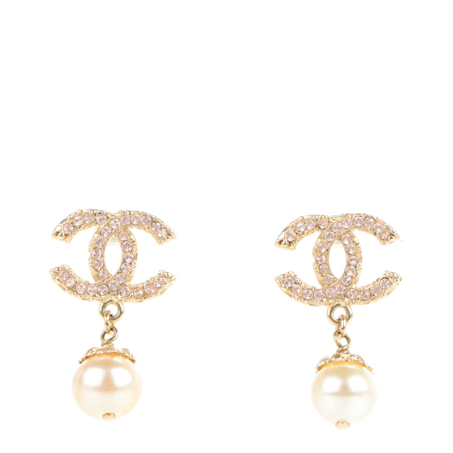 CHANEL Crystal Enamel Pearl CC Drop Earrings Light Gold 152865