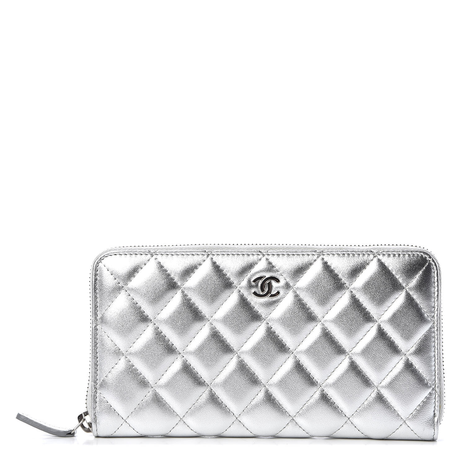 Chanel Metallic Lambskin Quilted Large Gusset Zip Around Wallet Silver Fashionphile