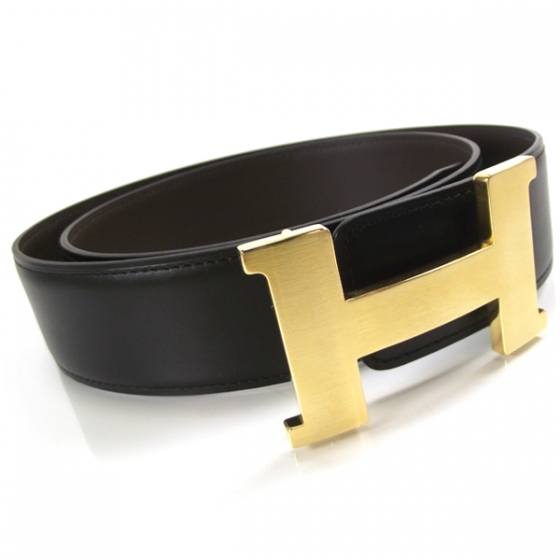 HERMES Leather Mens Belt w/ Gold H Buckle Black 13032 | FASHIONPHILE