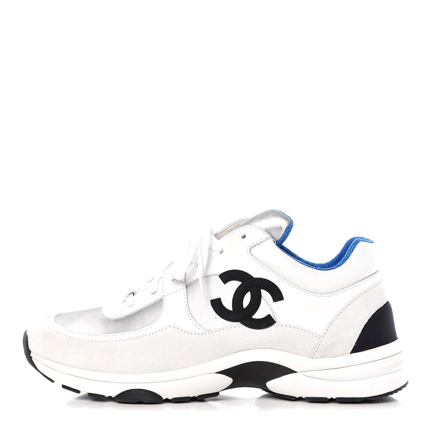 CHANEL Calfskin Fabric Mens Sneakers 41 White Silver Fluo Blue 345901