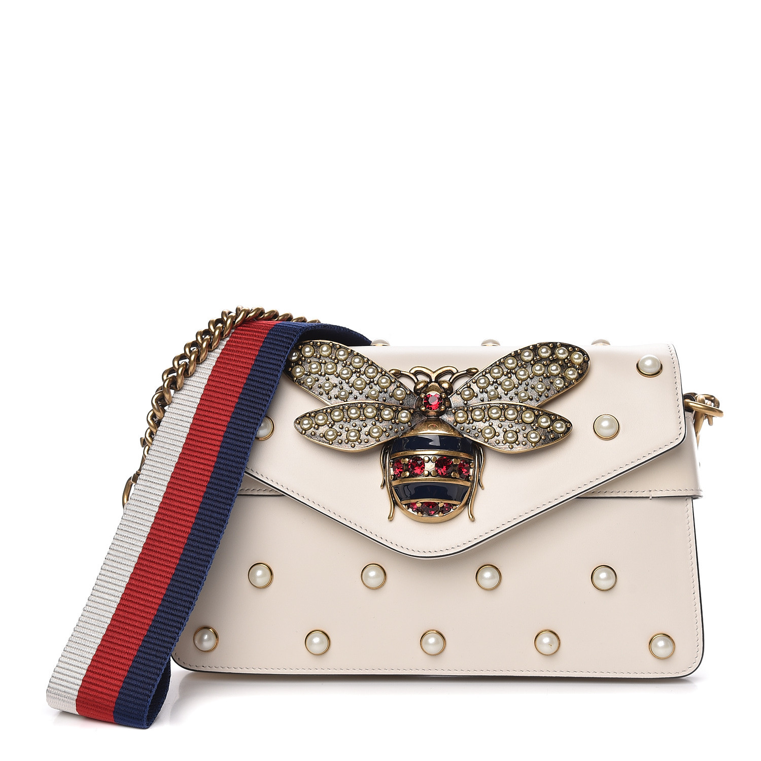 GUCCI Calfskin Pearl Studded Mini Broadway Bee Shoulder Bag White 495989