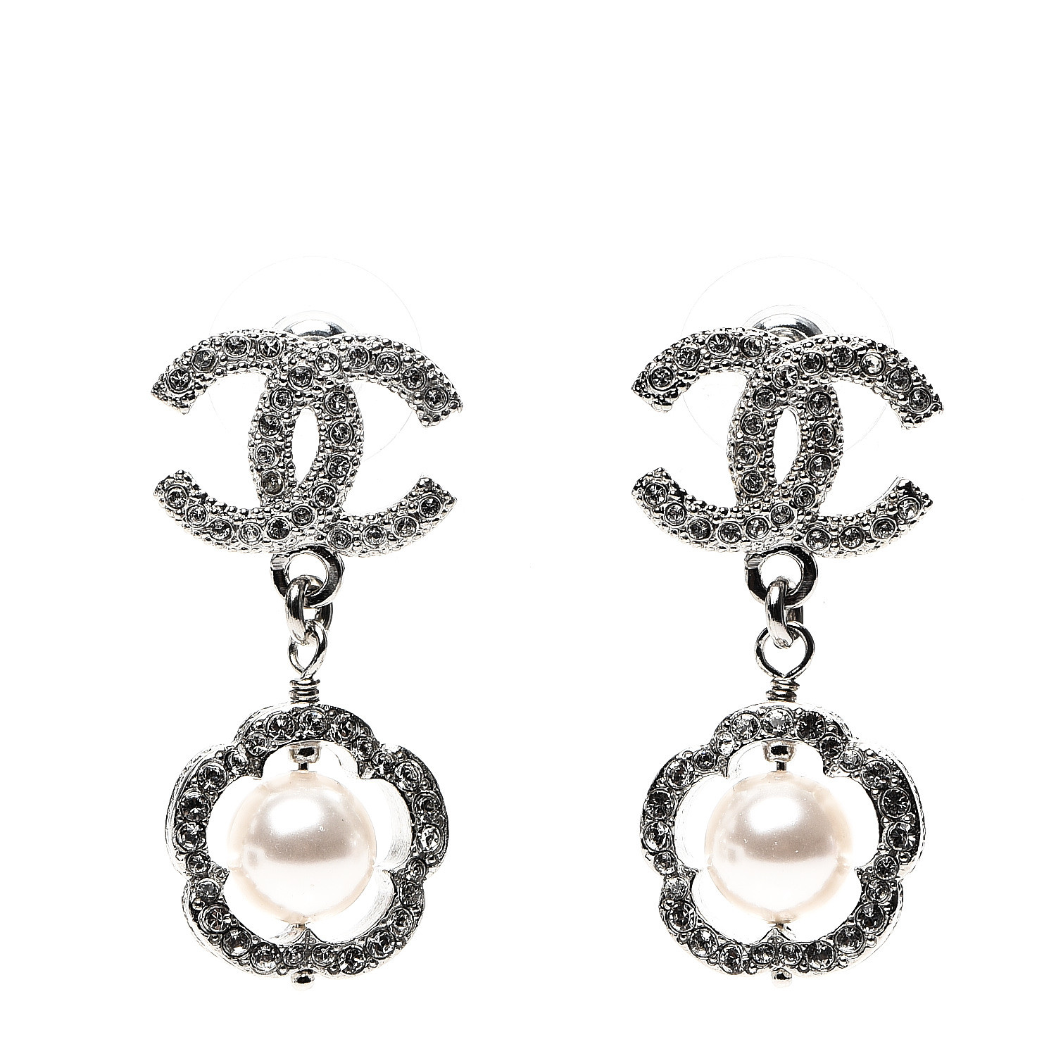 CHANEL Crystal Pearl Camelia CC Coco Flapper Drop Earrings Silver 560590