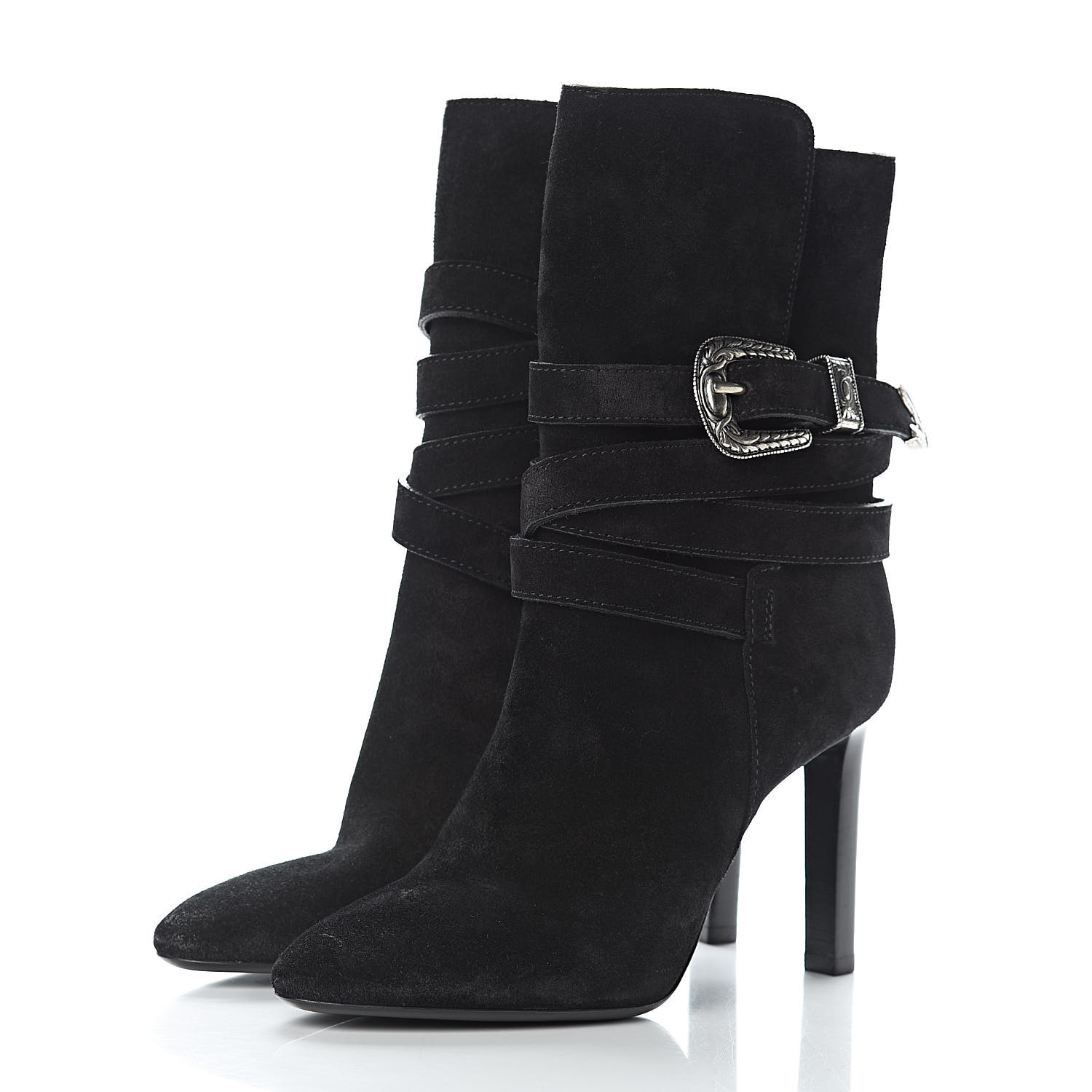 SAINT LAURENT Suede Mica Buckle Western Ankle Booties 37.5 Black 482220