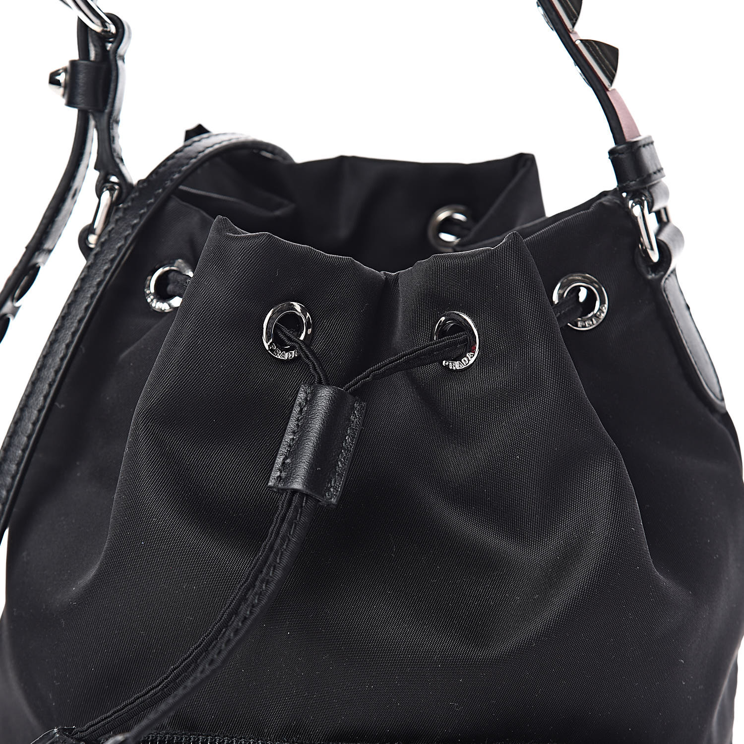 PRADA Tessuto Nylon Studded New Vela Mini Bucket Crossbody Bag Black ...