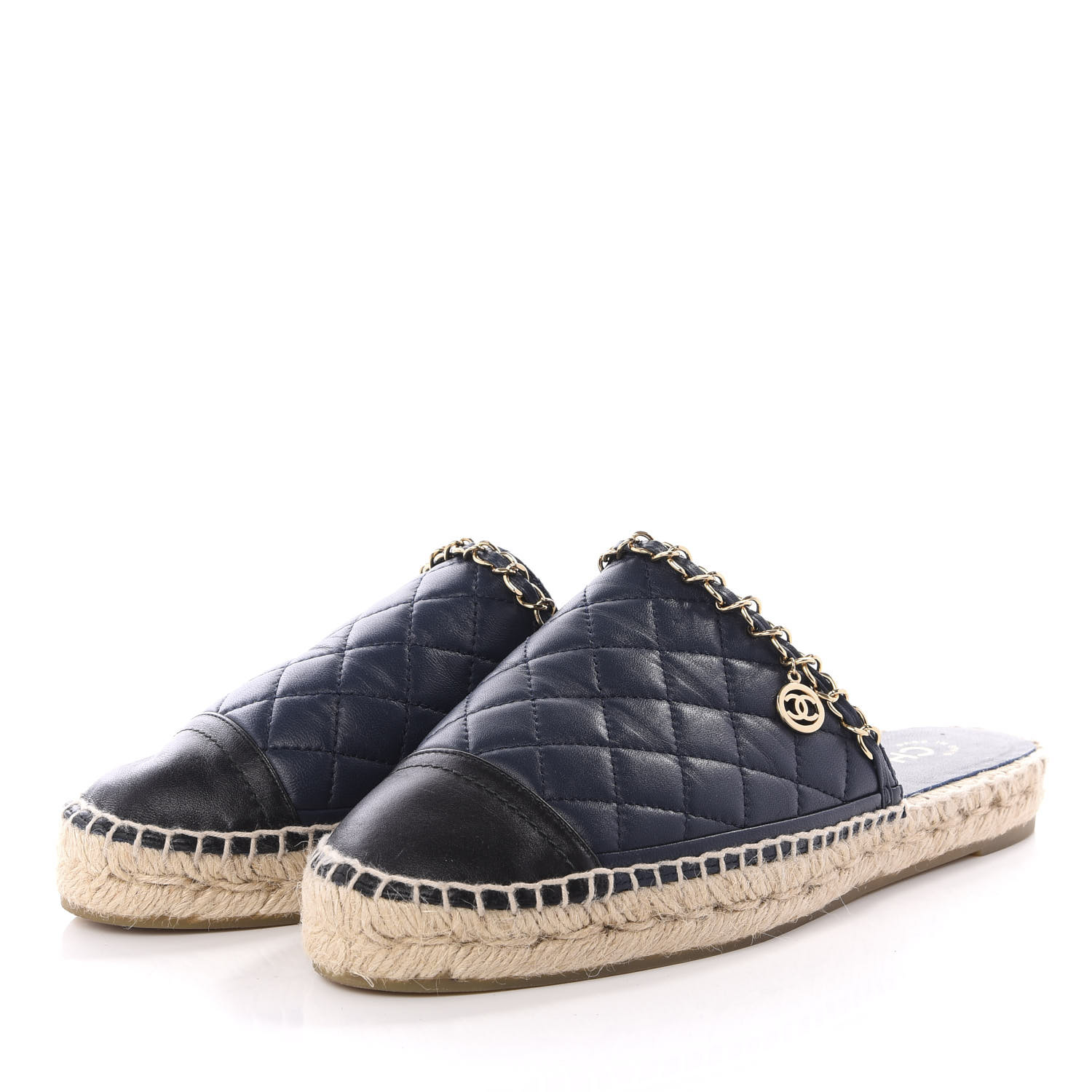 CHANEL Lambskin Quilted CC Chain Espadrille Mules 38 Black Navy 584381