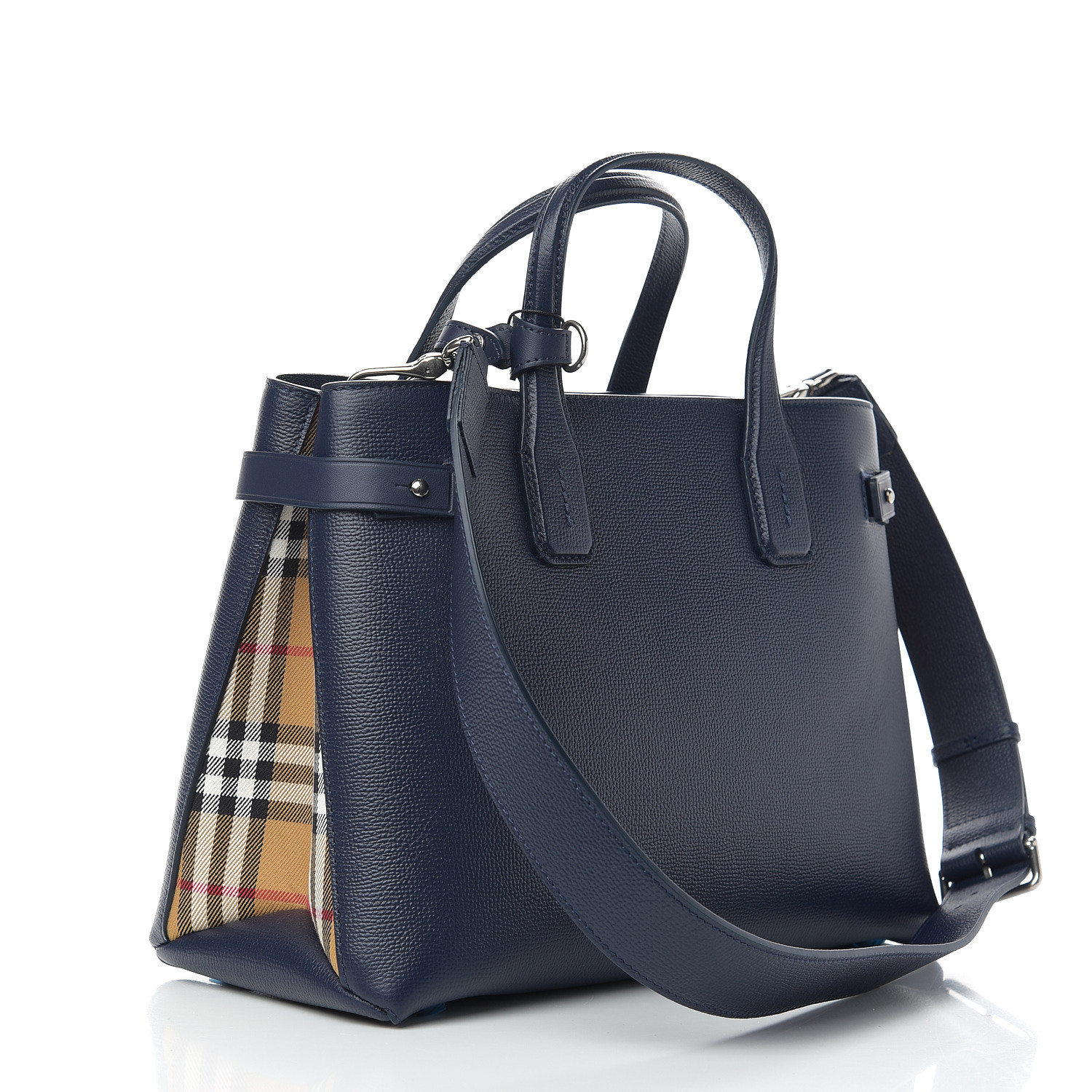 BURBERRY Derby Calfskin Vintage Check Medium Banner Tote Regency Blue ...