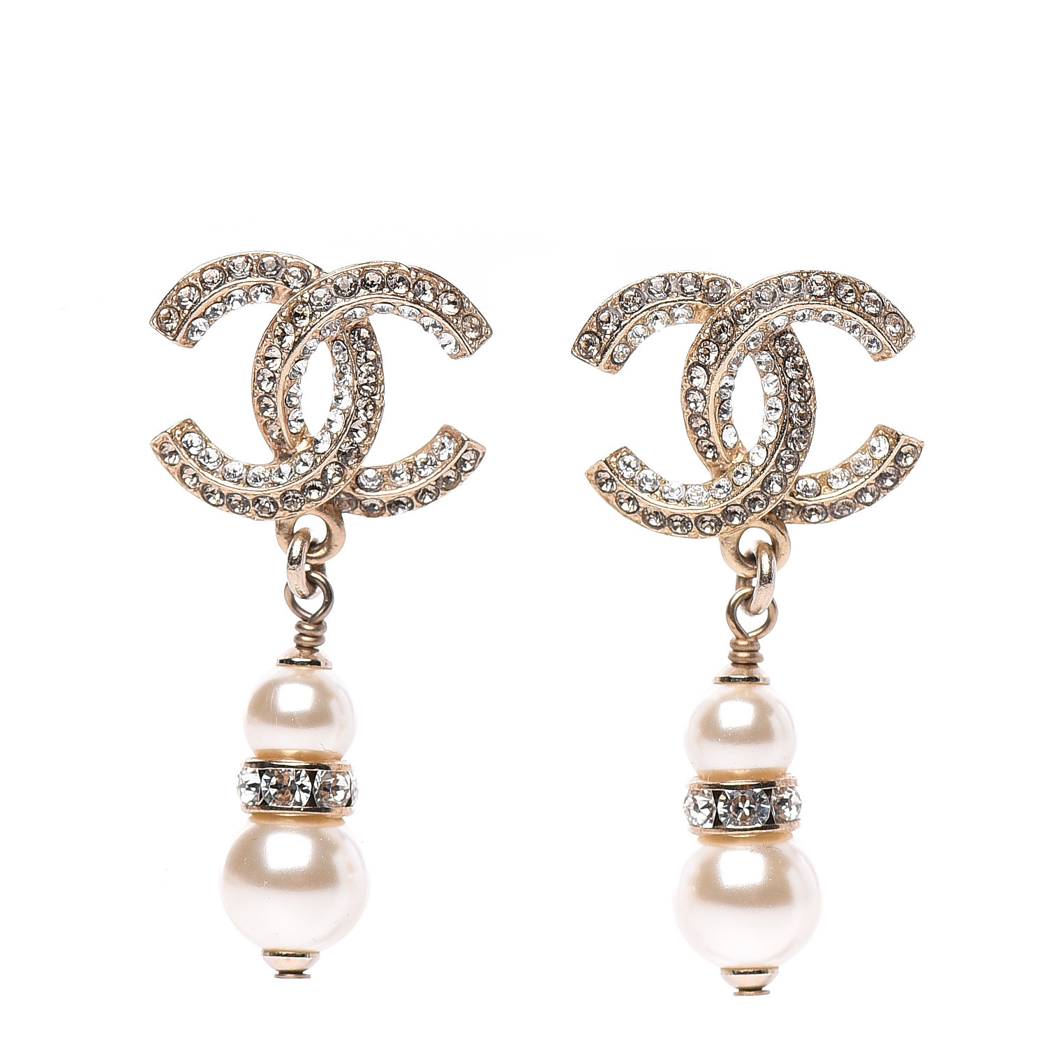 CHANEL Crystal Pearl CC Drop Earrings Gold 557999