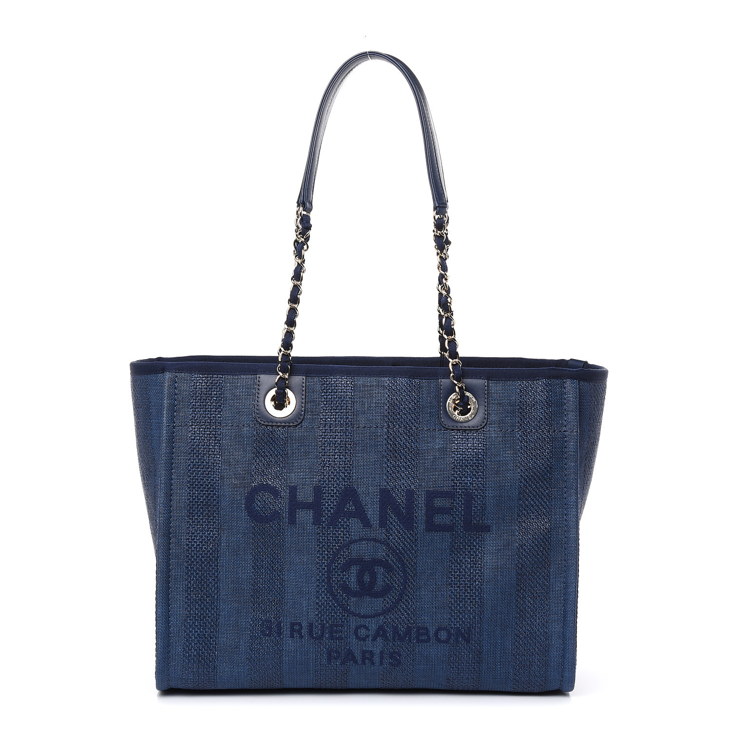 CHANEL Mixed Fibers Striped Small Deauville Tote Navy Blue 472205