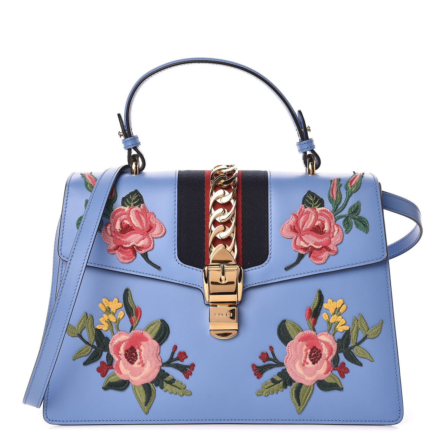 GUCCI Calfskin Embroidered Medium Sylvie Top Handle Bag Light Blue 468395