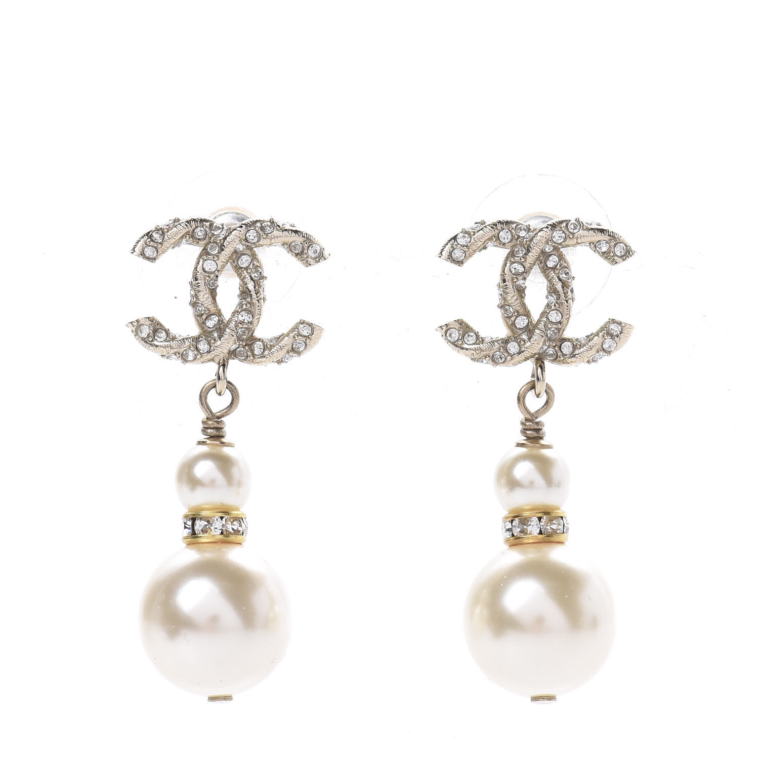 CHANEL Pearl Crystal Twisted CC Drop Earrings Gold 578671