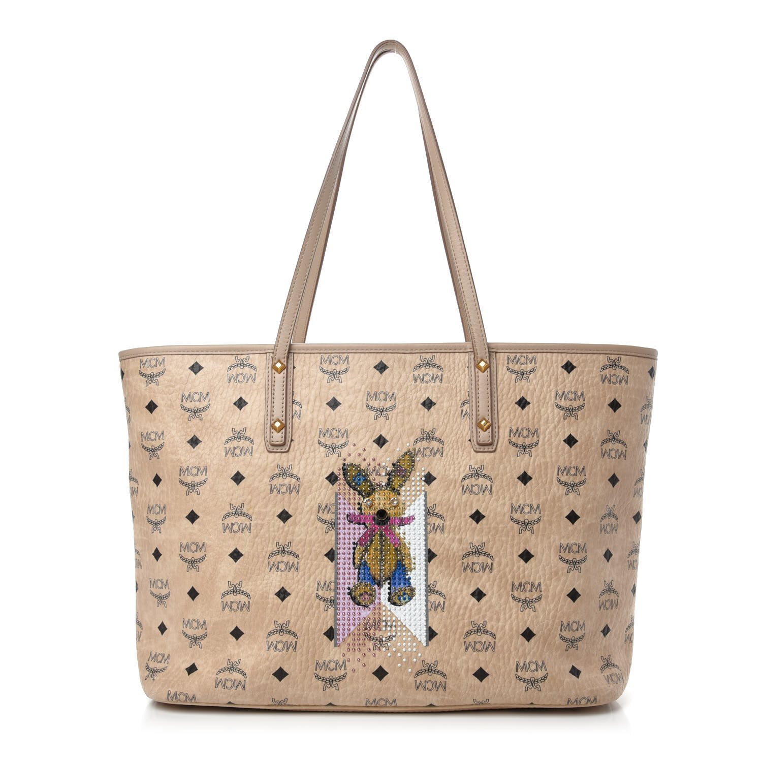 MCM Visetos Medium Studded Rabbit Top Zip Shopper Tote Beige 791970 ...