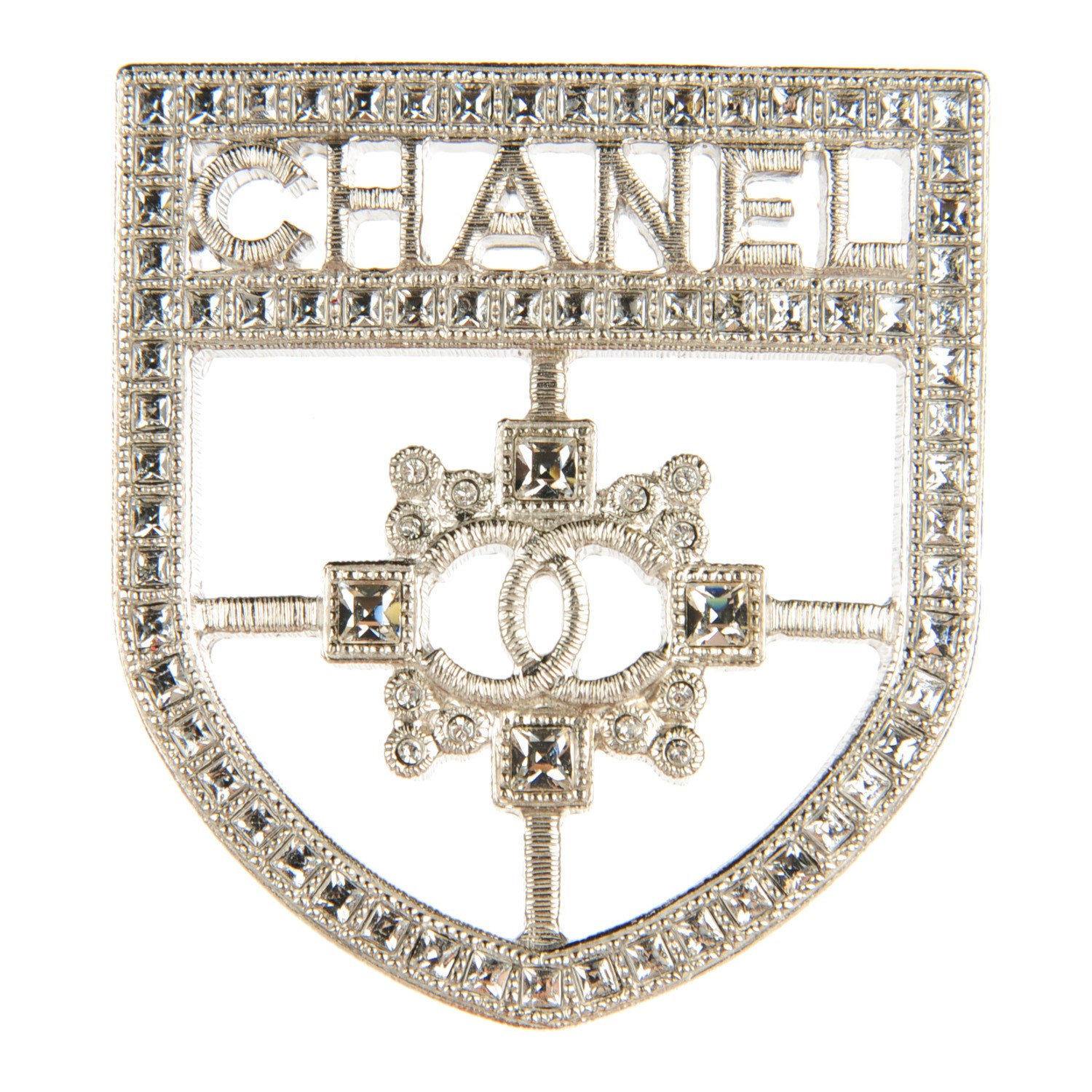 CHANEL Swarovski Crystal Baguette CC Shield Brooch Silver 122152