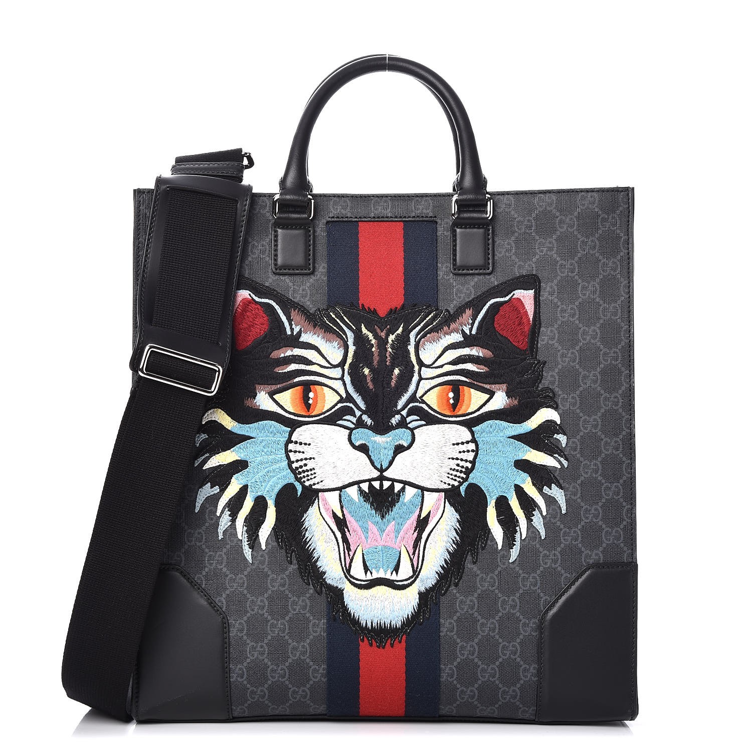 GUCCI GG Supreme Monogram Embroidered Angry Cat Tote Black 249949