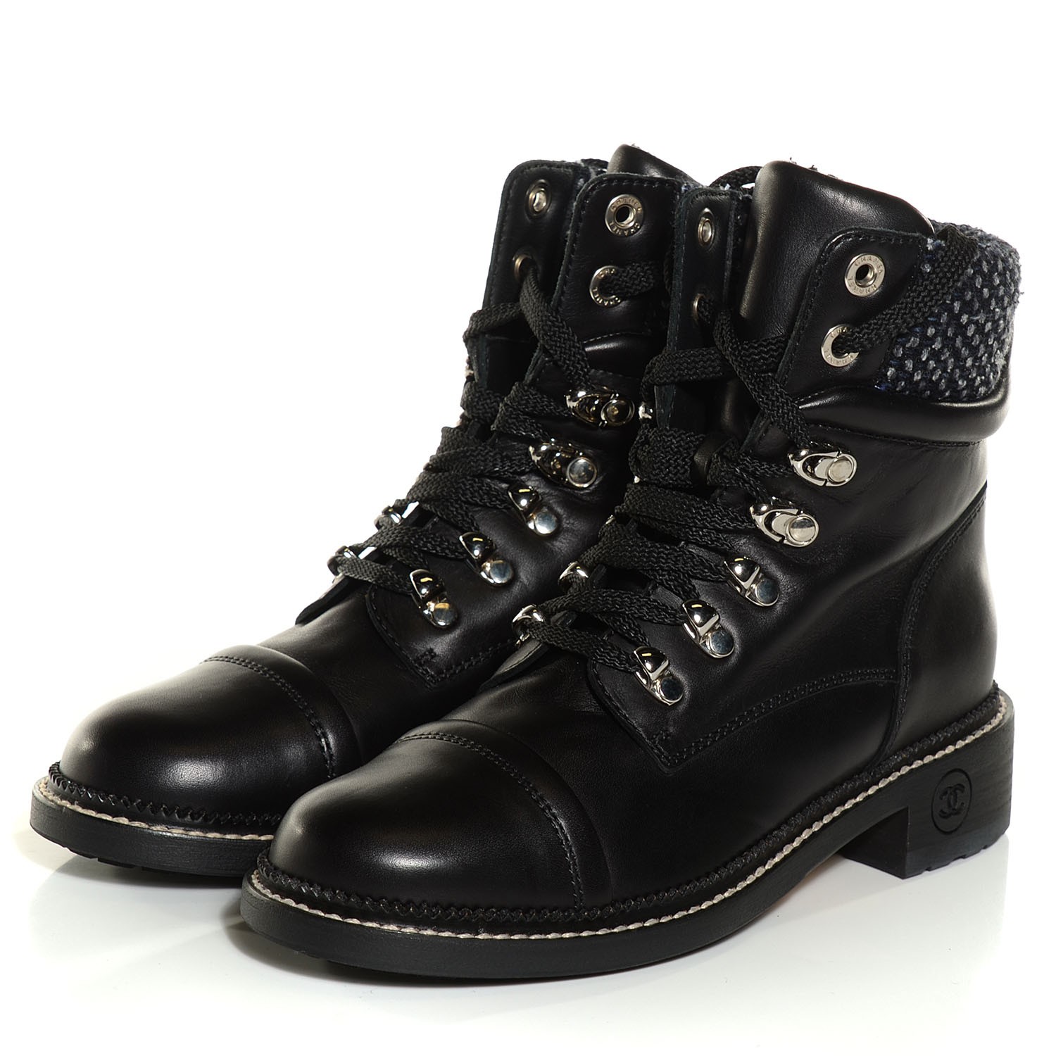 Download CHANEL Calfskin Wool Combat Boots 36.5 Black 106193