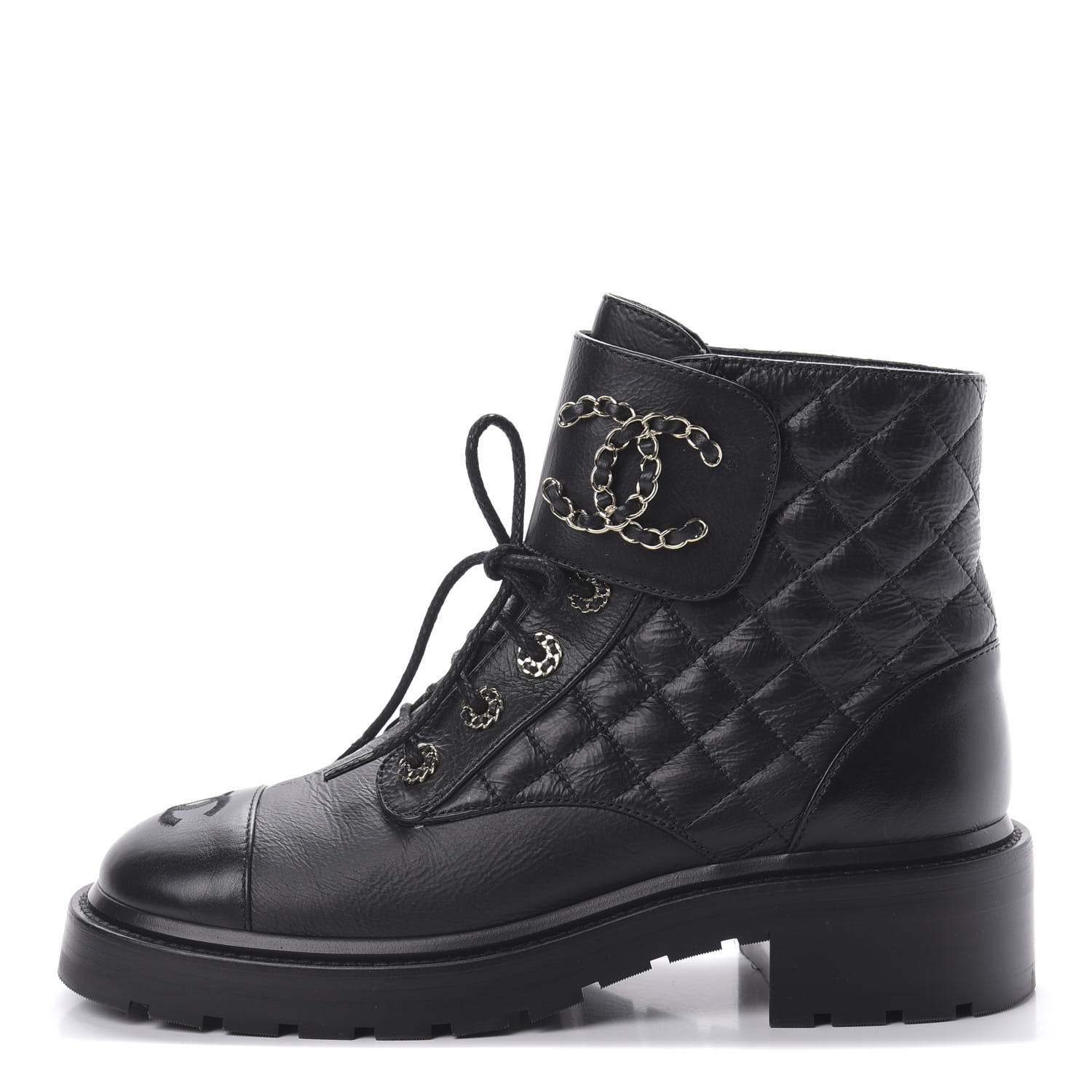 CHANEL Shiny Goatskin Calfskin Quilted Lace Up Combat Boots 39 Black ...