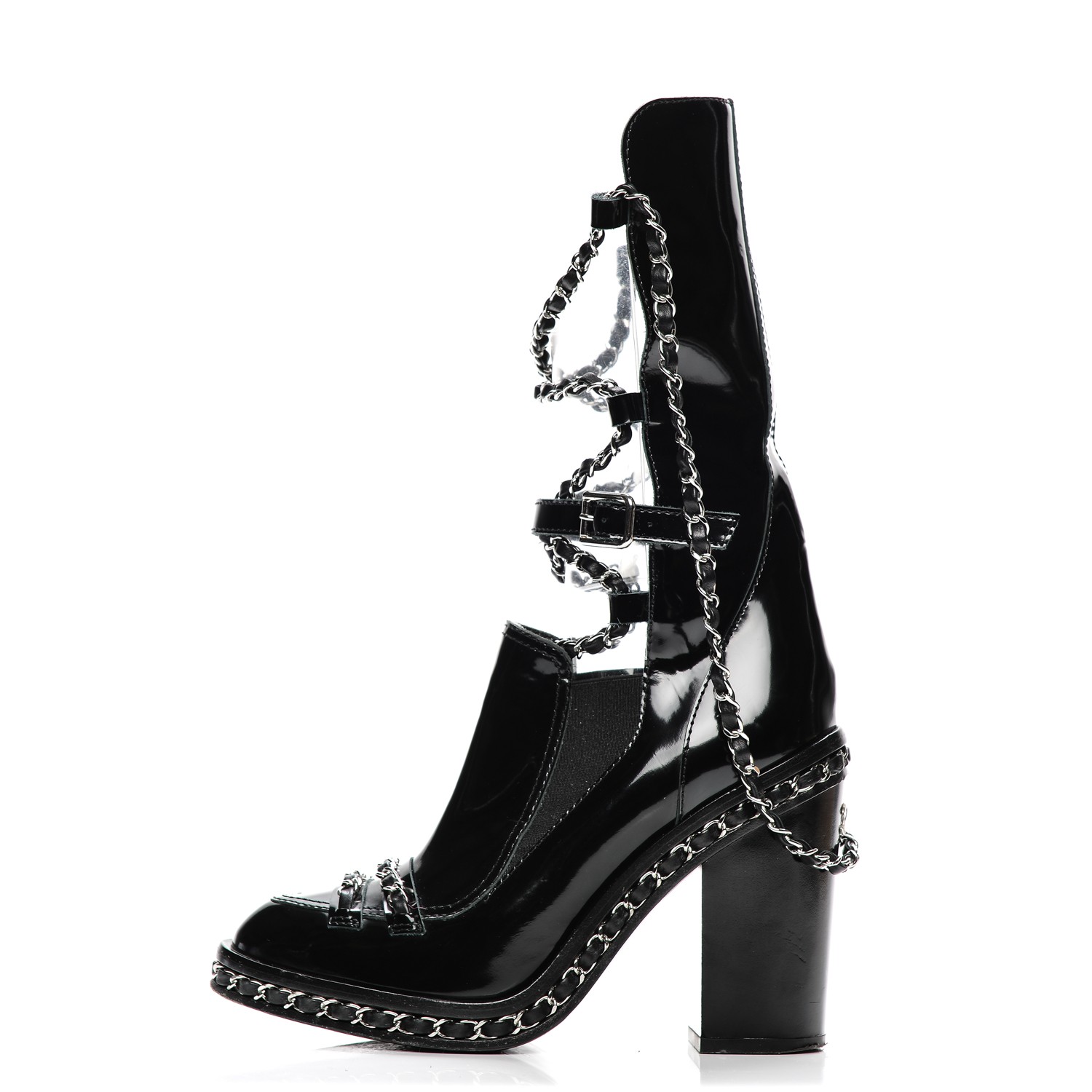 CHANEL Patent Chained Tall Combat Boots 36.5 Black 202078