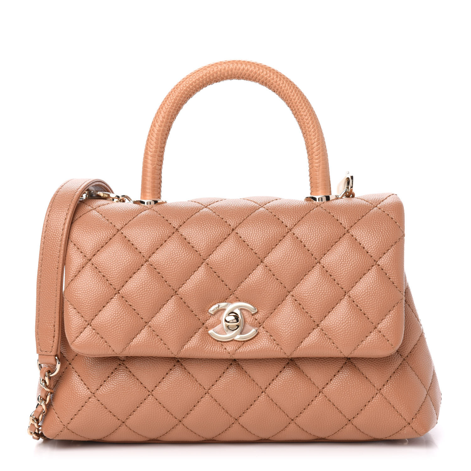 Chanel Caviar Quilted Lizard Embossed Mini Coco Handle Flap Brown Fashionphile