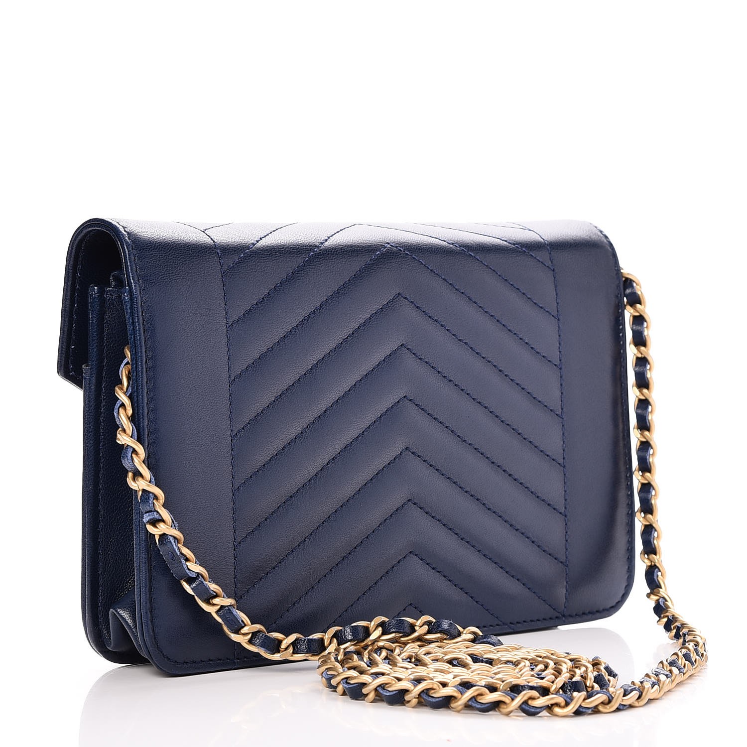 CHANEL Lambskin Chevron Quilted Wallet On Chain WOC Navy Blue