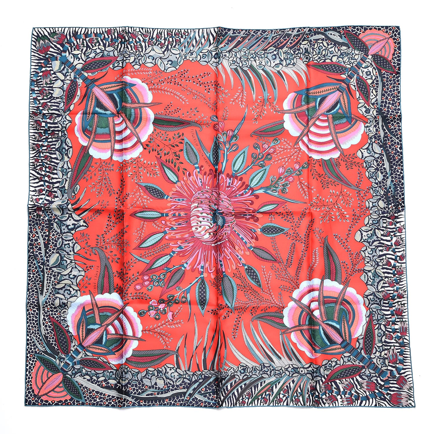 HERMES Silk Flowers of South Africa Scarf 90 Rouge Vert Ciel 246967