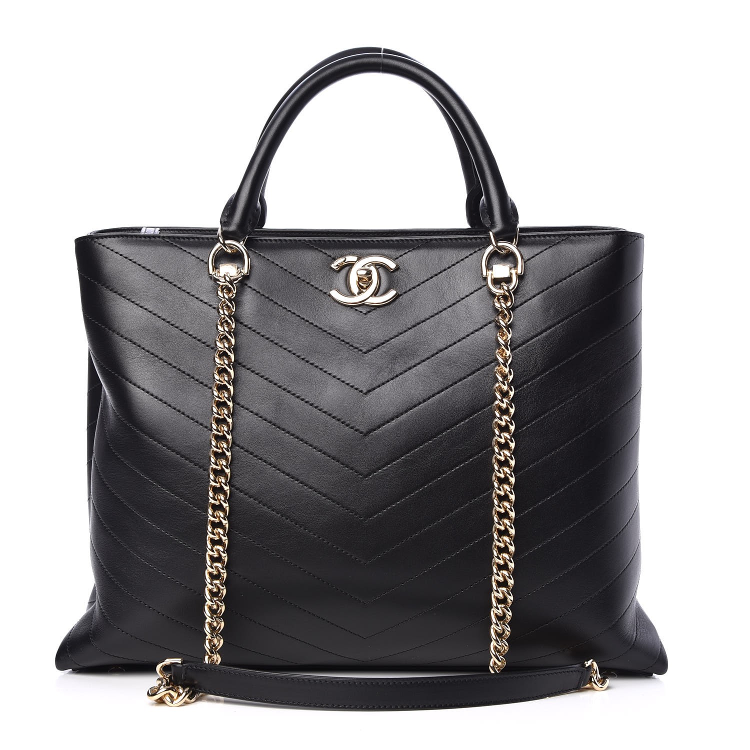 CHANEL Calfskin Chevron Quilted Large Shopping Tote Black 299850