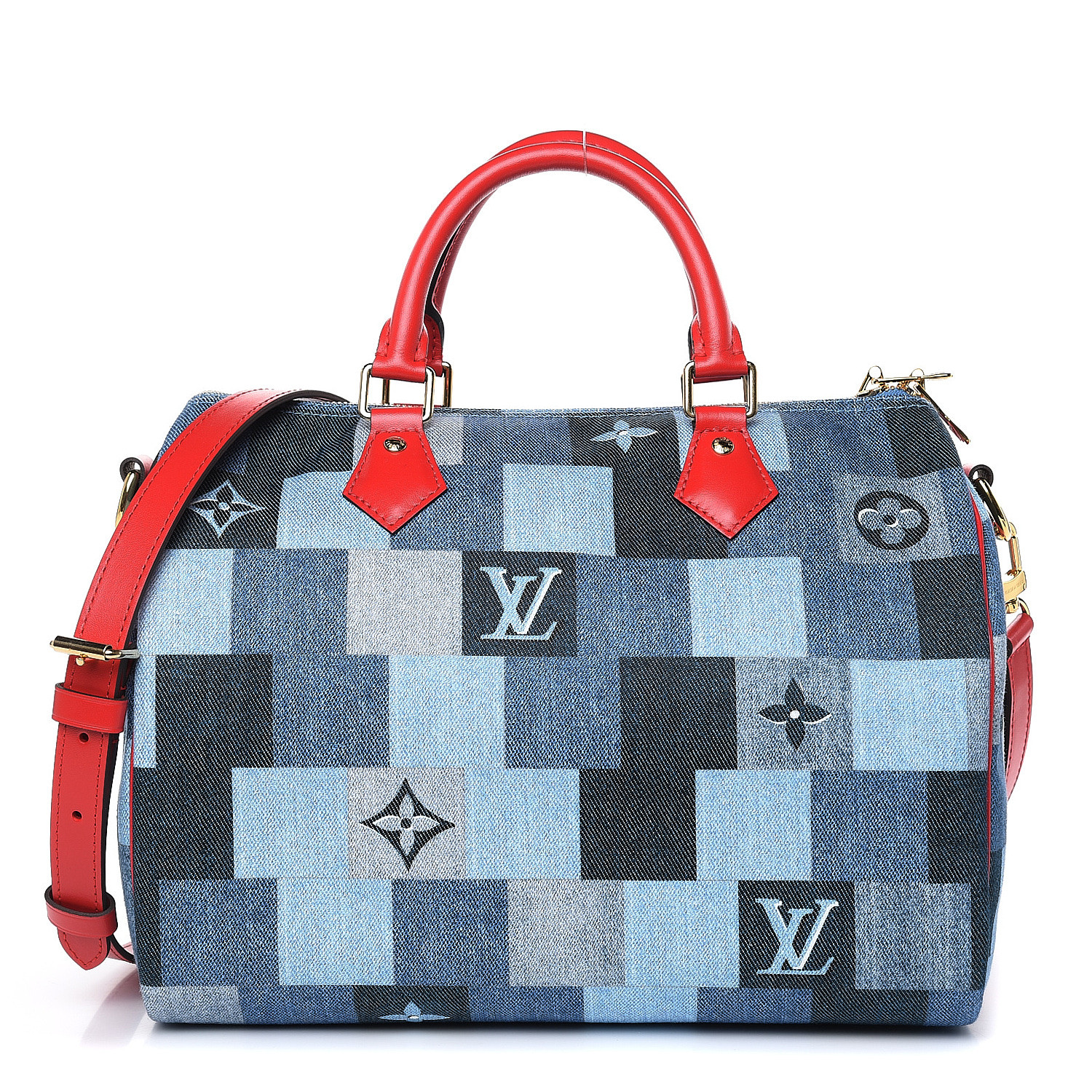 louis vuitton denim bag with red strap