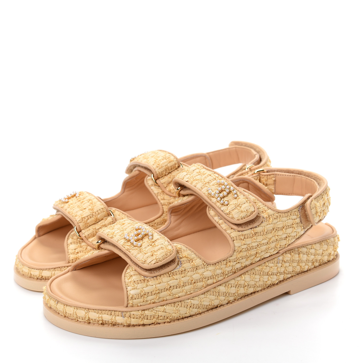 CHANEL Raffia Pearl Velcro Dad Sandals 37 Beige 710781 | FASHIONPHILE