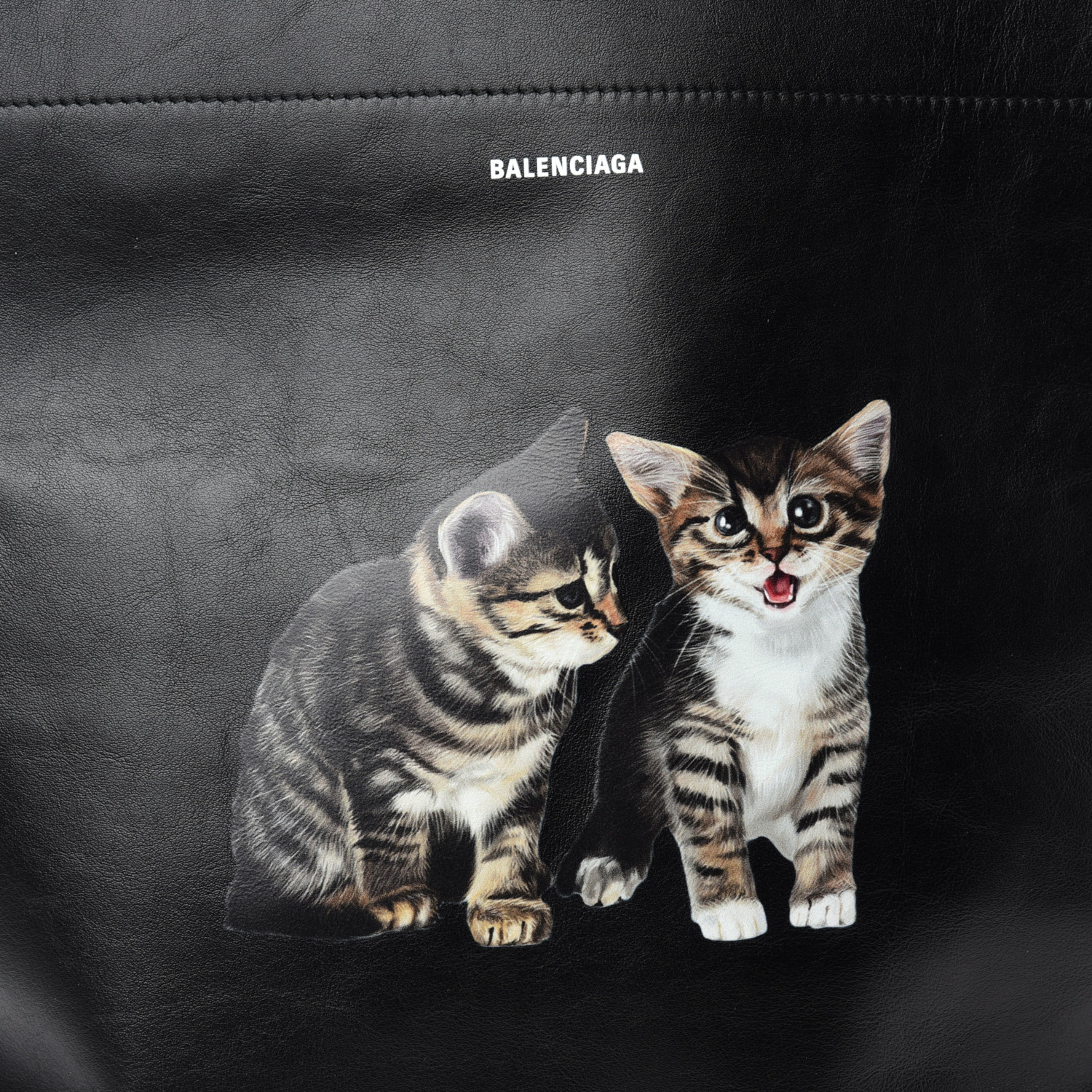 BALENCIAGA Calfskin Printed Kitten Plastic Bag Shopper S Black 706802 | FASHIONPHILE