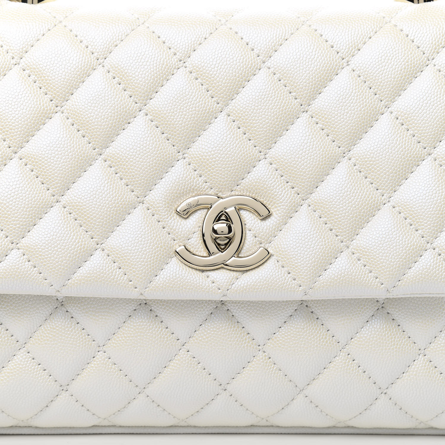 CHANEL Iridescent Caviar Quilted Small Coco Handle Flap White 646490 | FASHIONPHILE