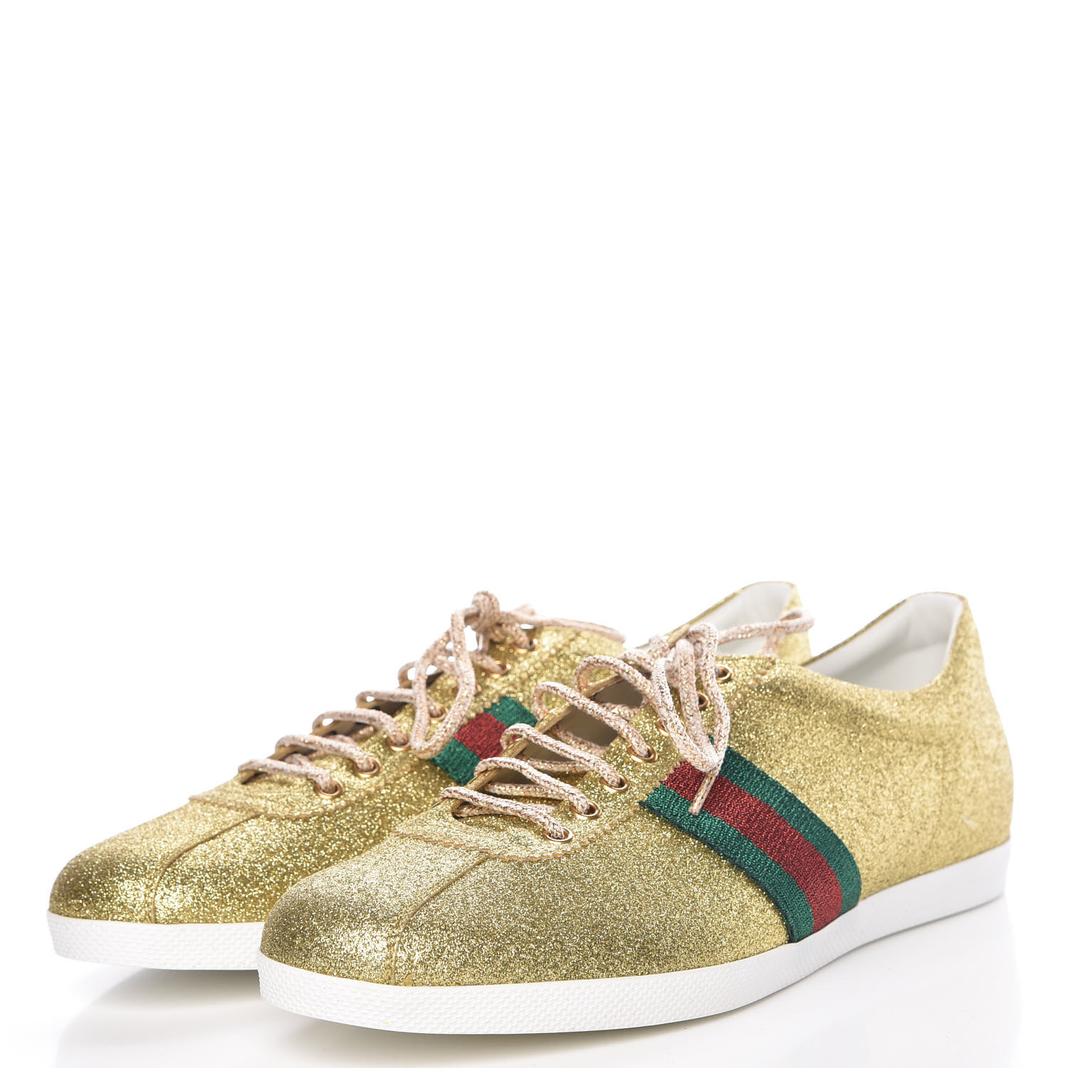 GUCCI Metallic Calfskin Studded Mens Bambi Web GG Sneakers 11 Gold 379305