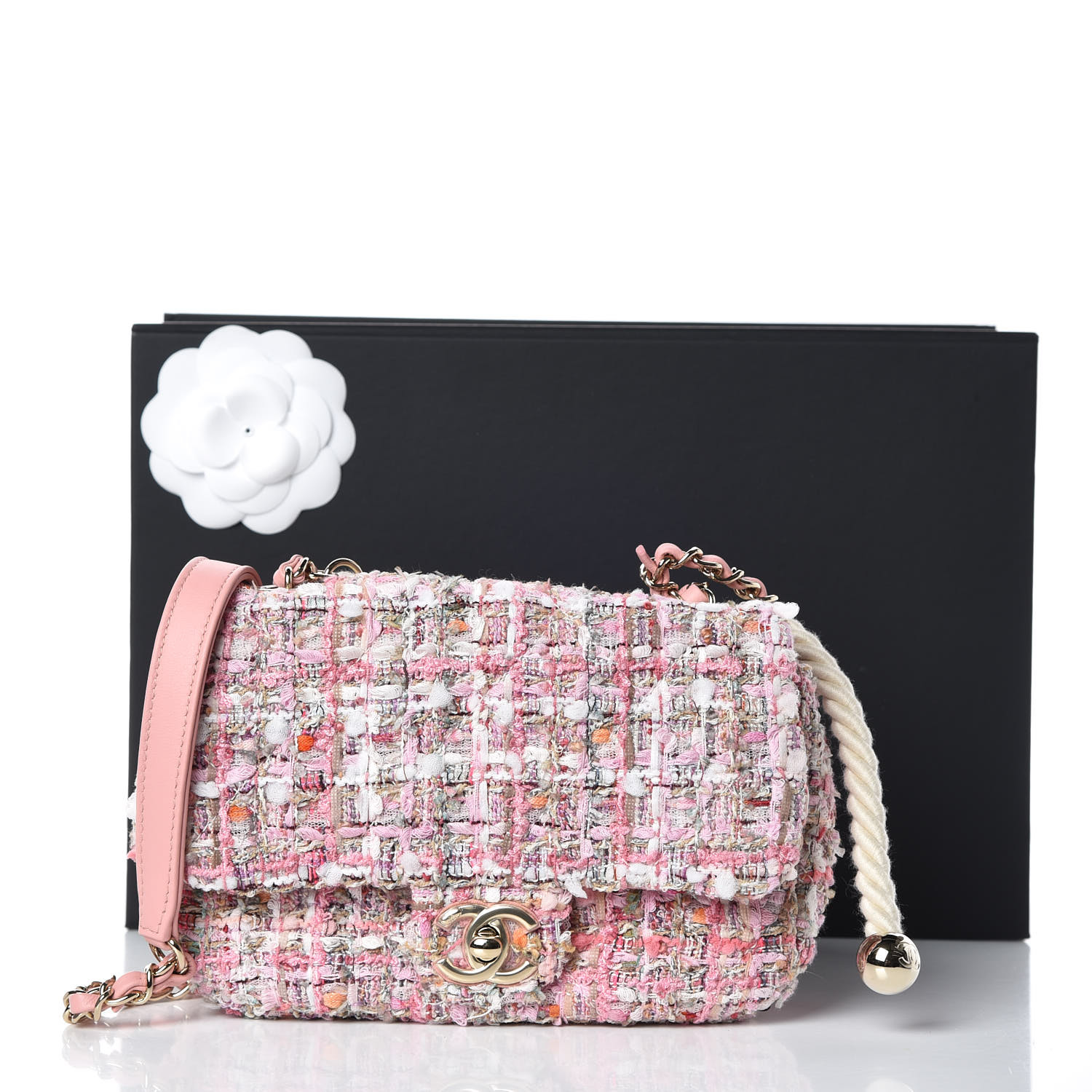 CHANEL Tweed Small Pearl Handle Flap Pink 382968