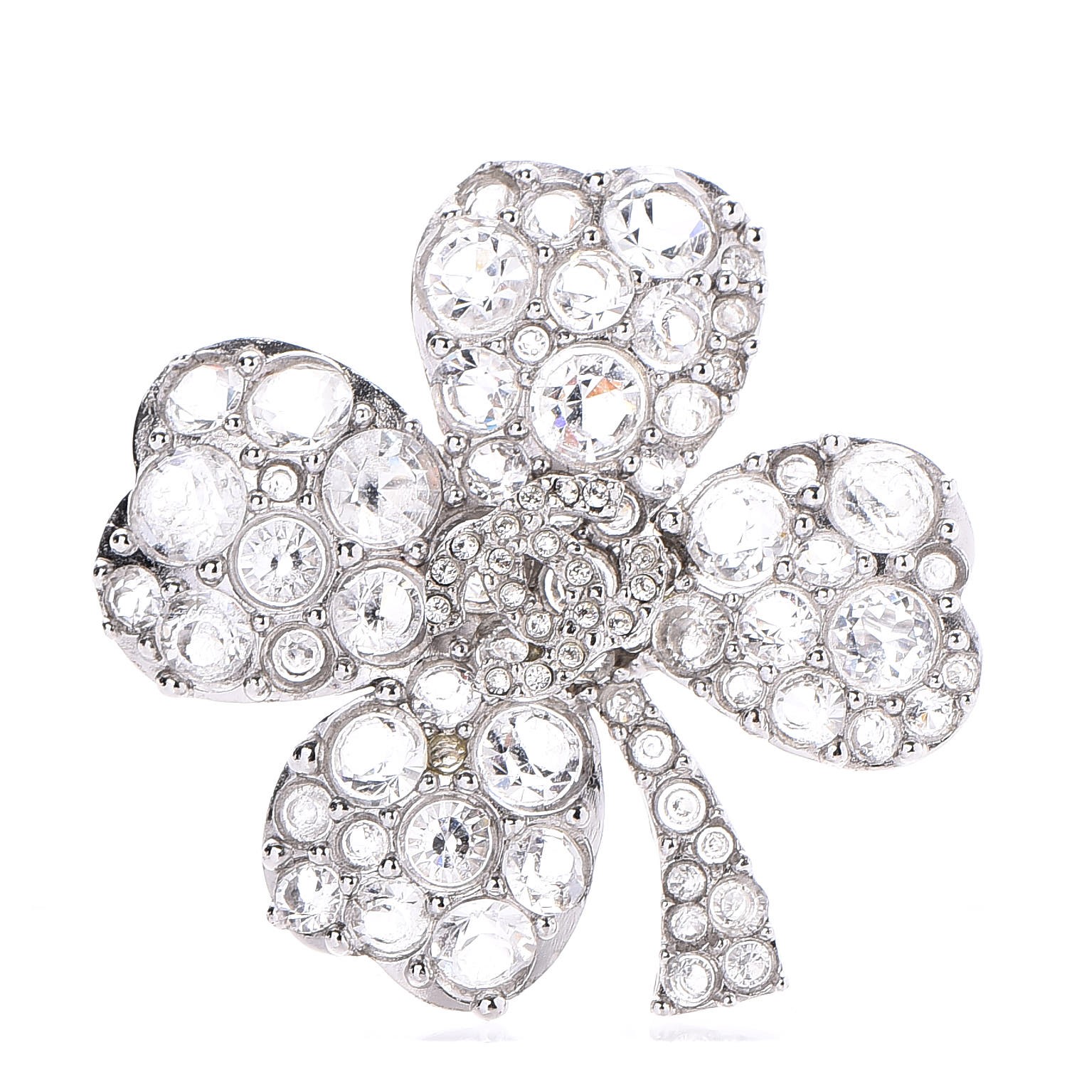 CHANEL Crystal CC 4 Leaf Clover Brooch Silver 243770