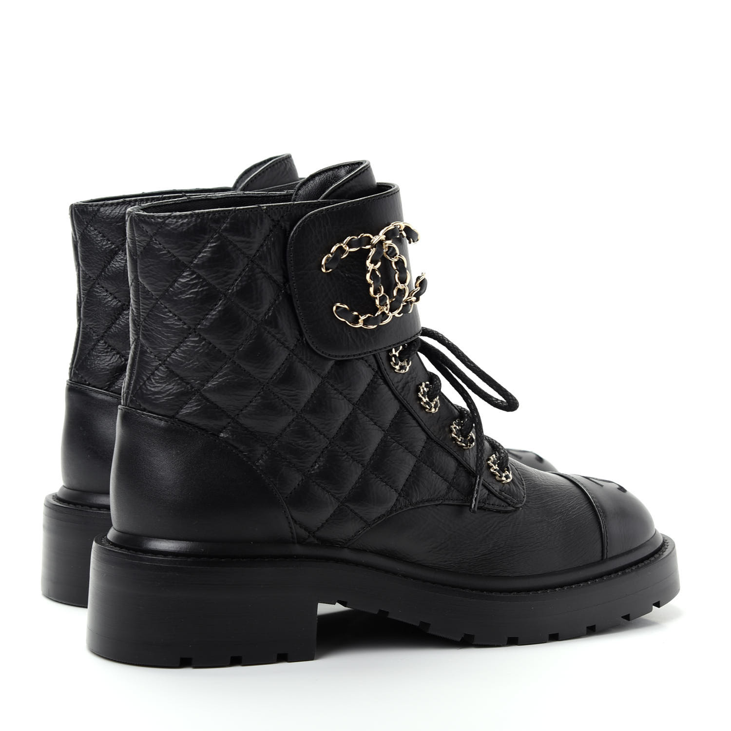 CHANEL Shiny Goatskin Calfskin Quilted Lace Up Combat Boots 37 Black ...