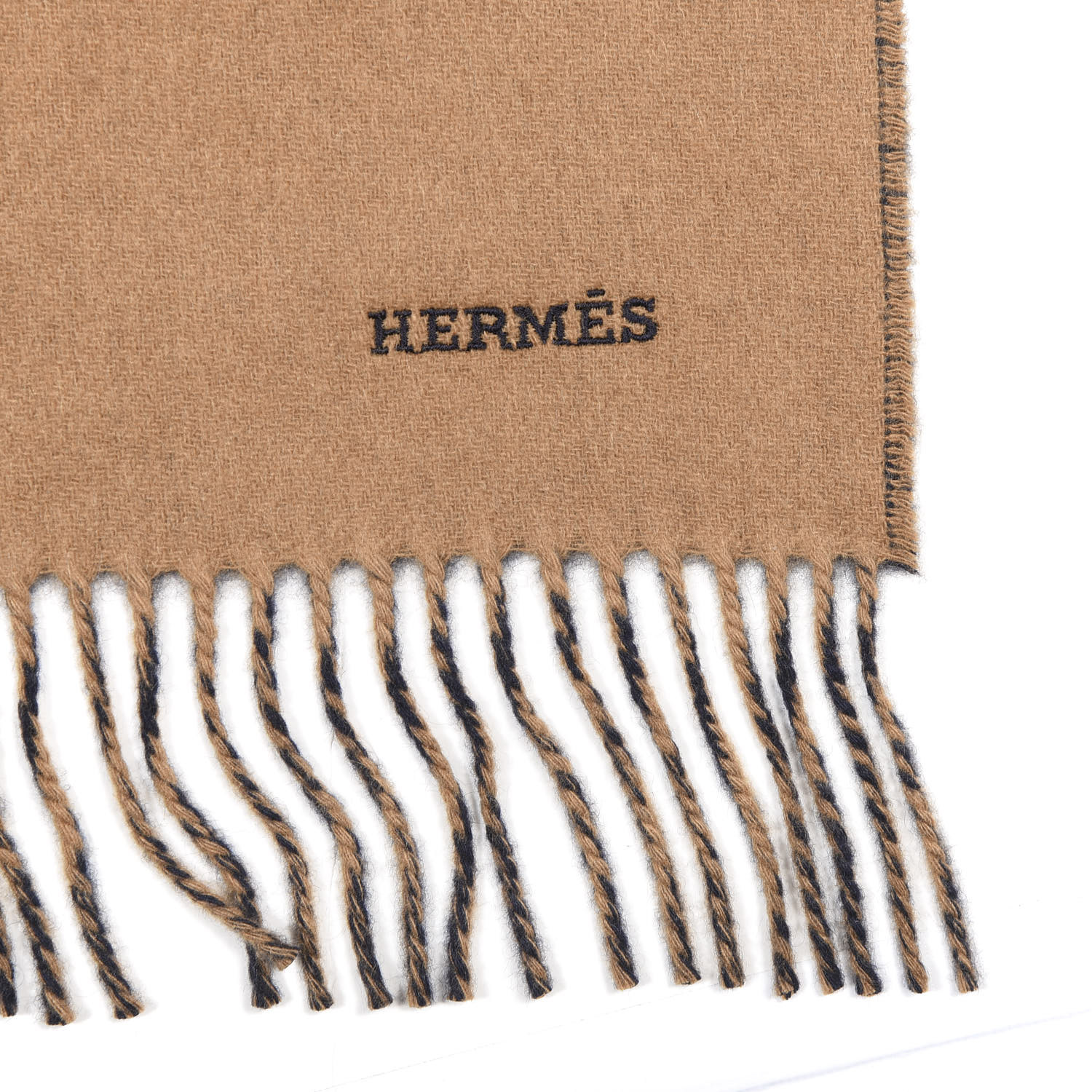 HERMES Cashmere Recto Verso Muffler Camel Marine 615010 | FASHIONPHILE