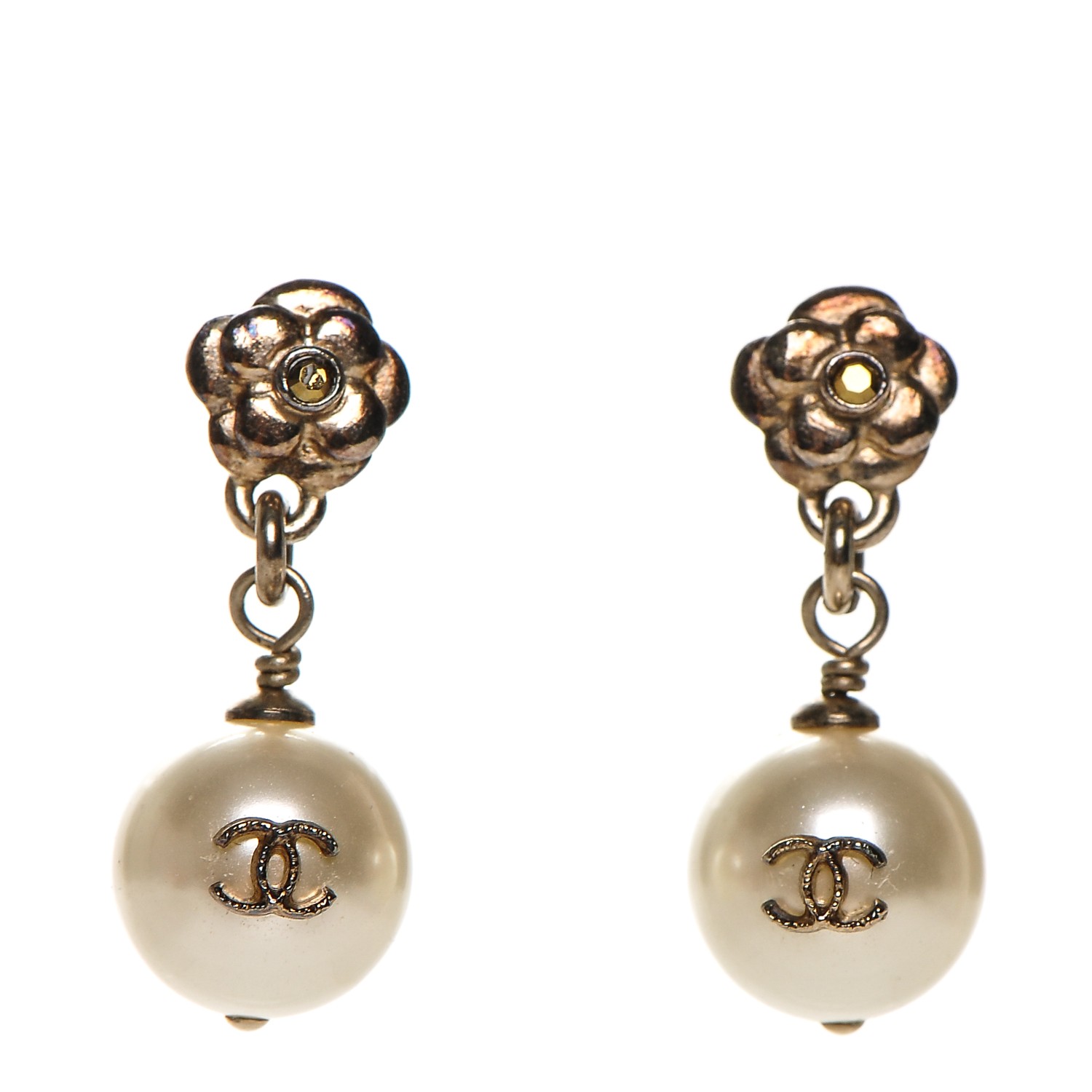 CHANEL Camellia Pearl Drop Earrings Gold 185355