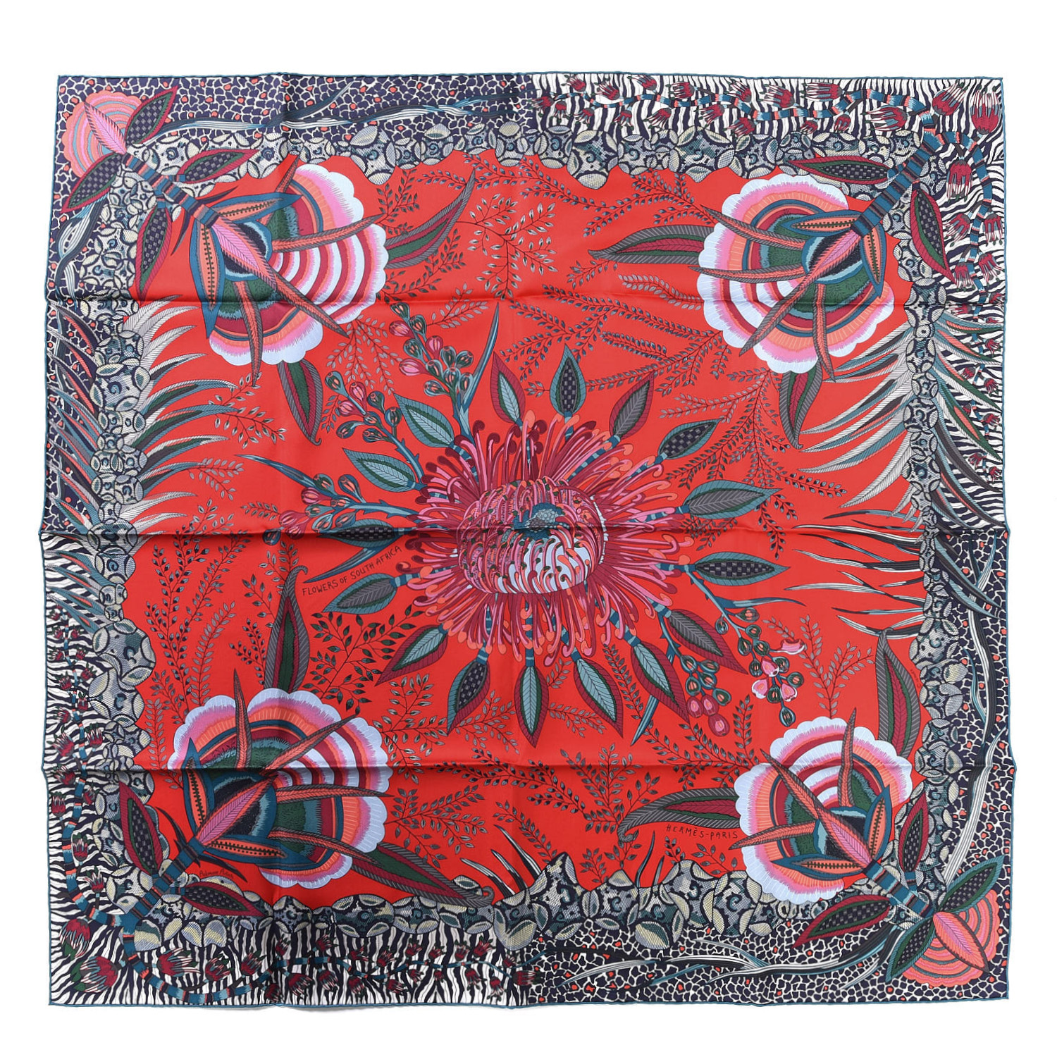 HERMES Silk Flowers of South Africa Scarf 90 Rouge Vert Ciel 510180