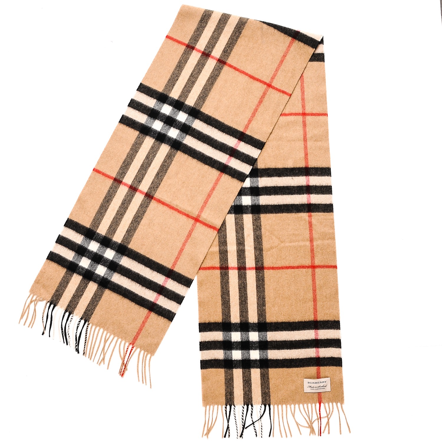 BURBERRY Cashmere Giant Check Fringe Scarf Camel 202157