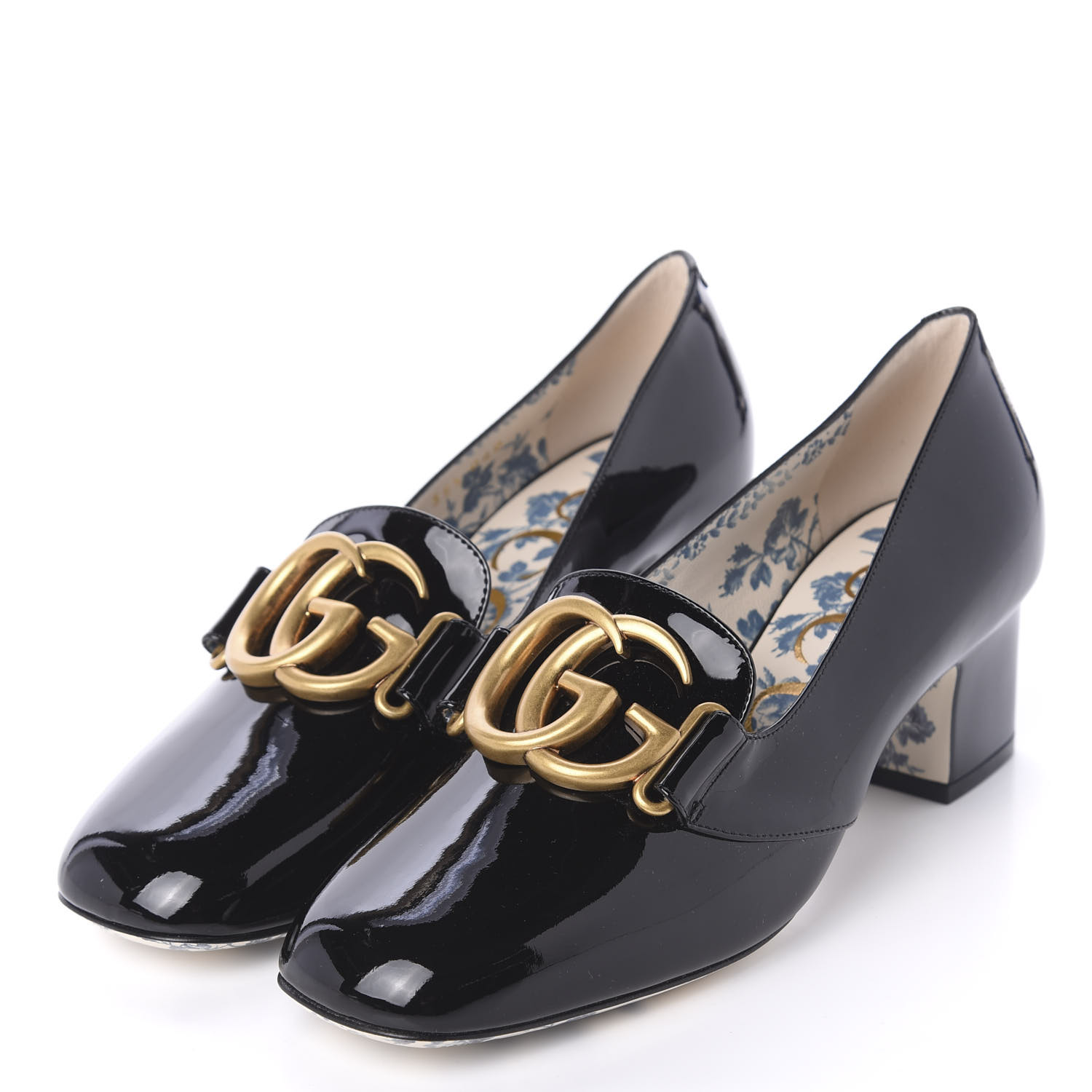 GUCCI Patent GG Marmont Mid Heel Loafer Pumps 35.5 Black 613406