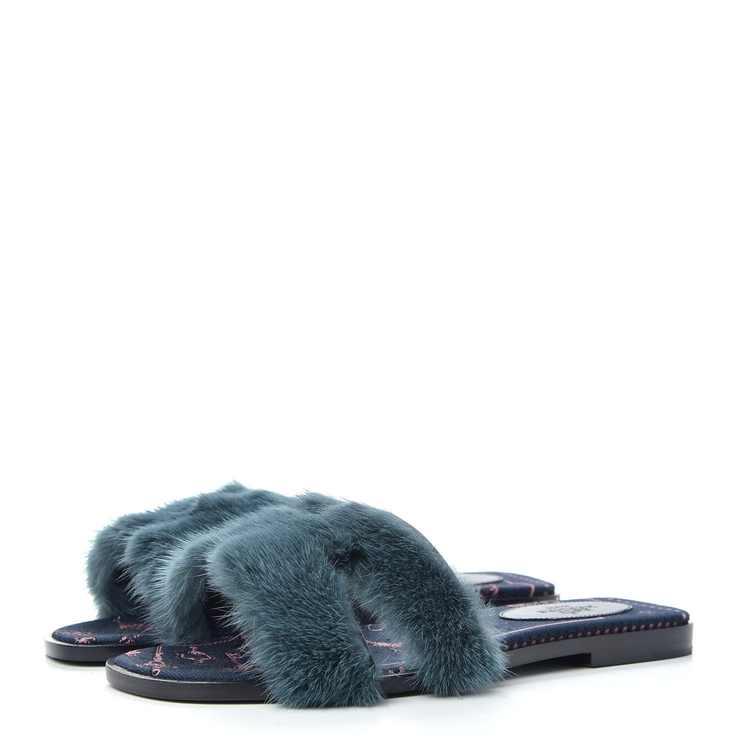 HERMES Mink Fur Oran Sandals 36 Bleu Paon 742708 | FASHIONPHILE