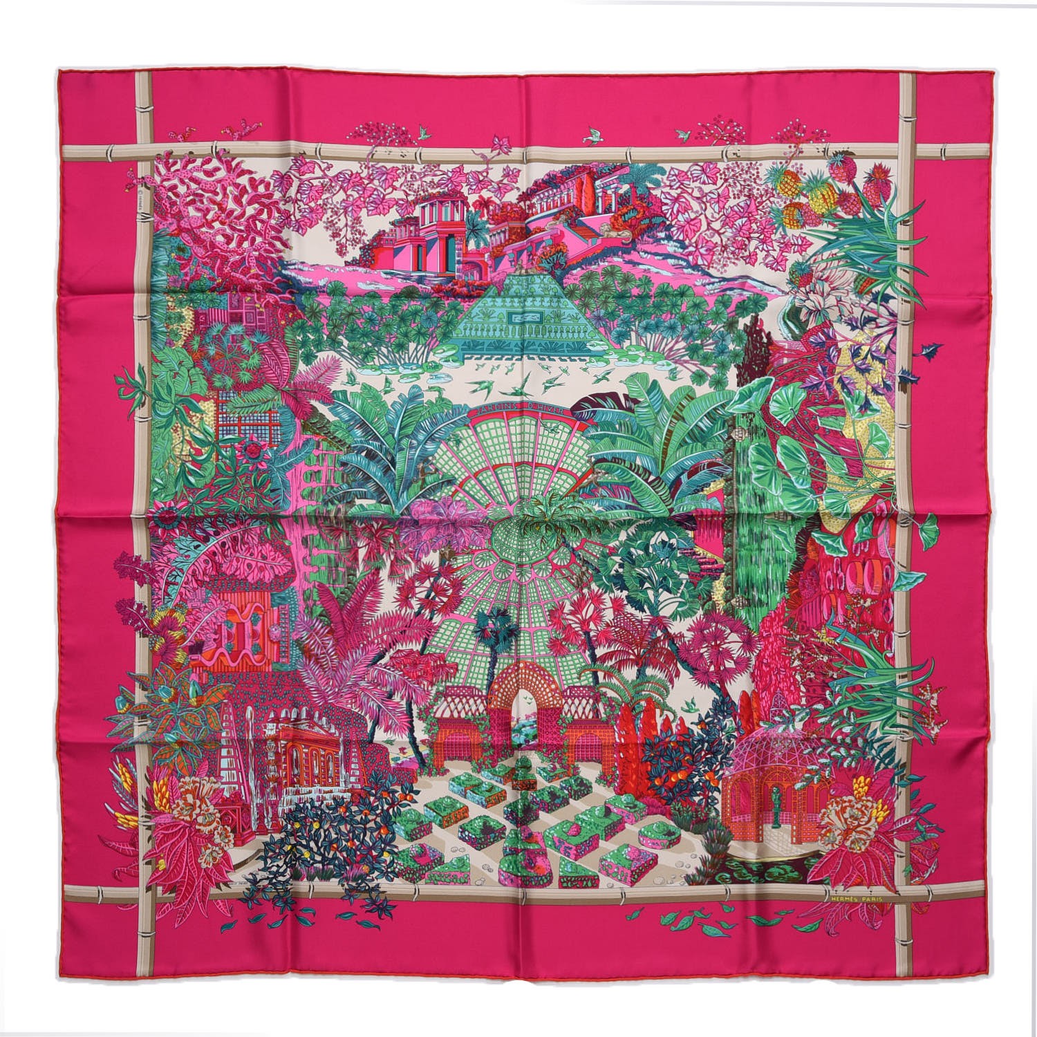 HERMES Silk Jardins D Hiver Scarf 90 Rose Vif Vert Creme 279617