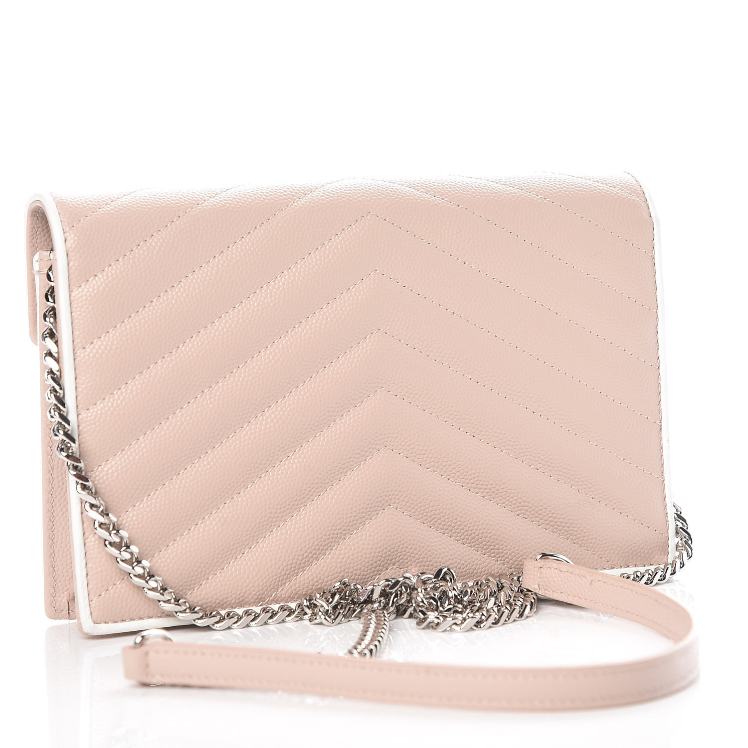 chain wallet in pink and white textured matelassé leather