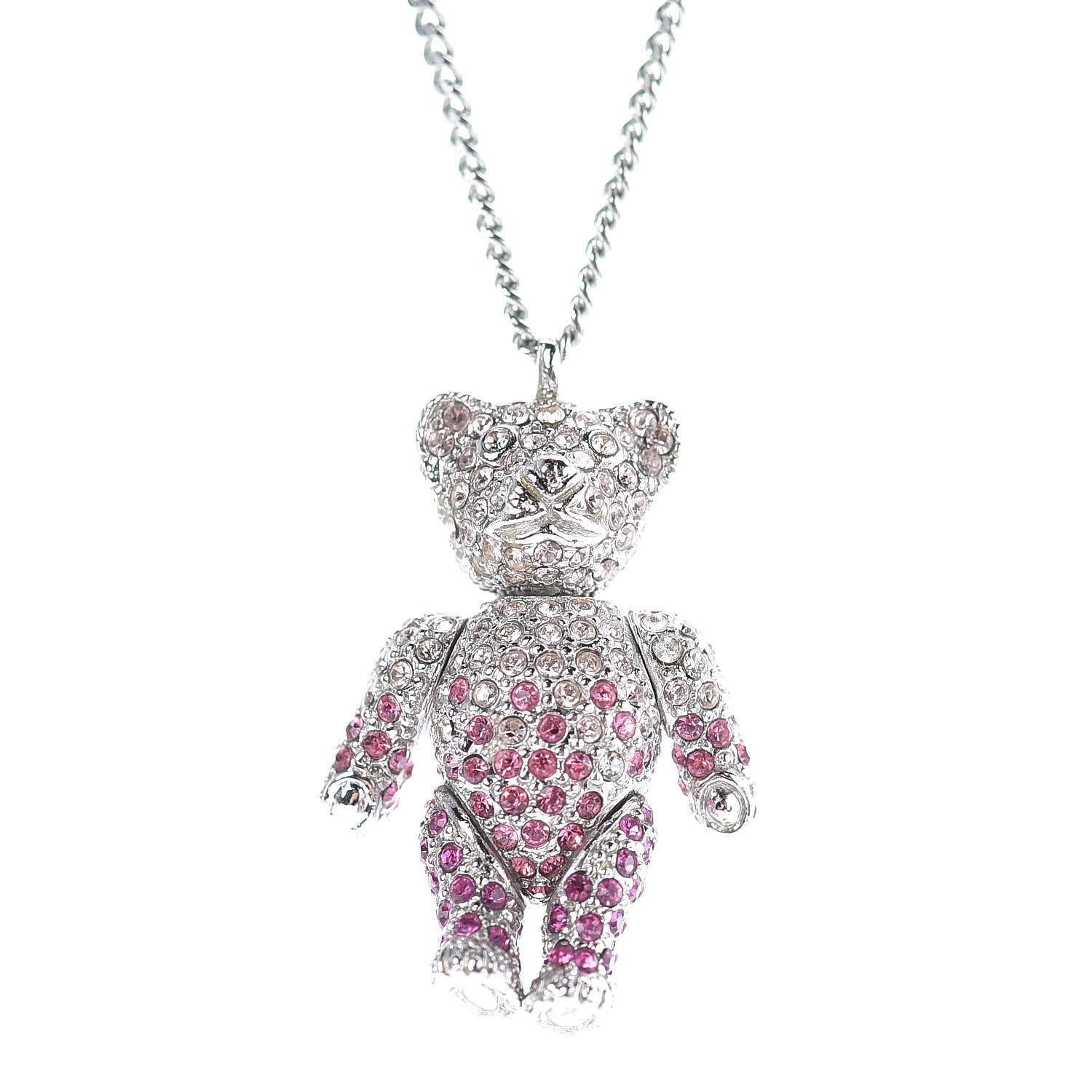 CHRISTIAN DIOR Crystal Teddy Bear Heart Necklace Pink Silver 387515