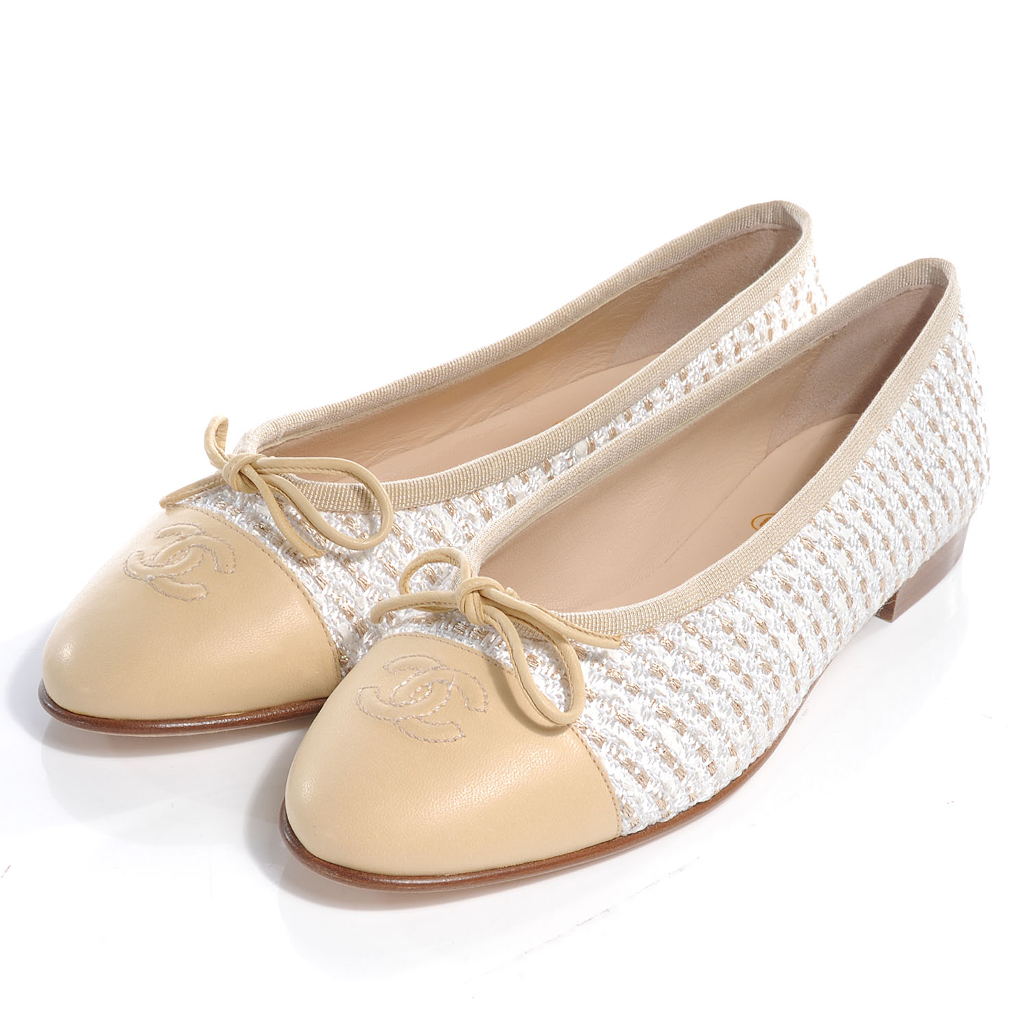 CHANEL Tweed Ballet Flats 37.5 White 61133