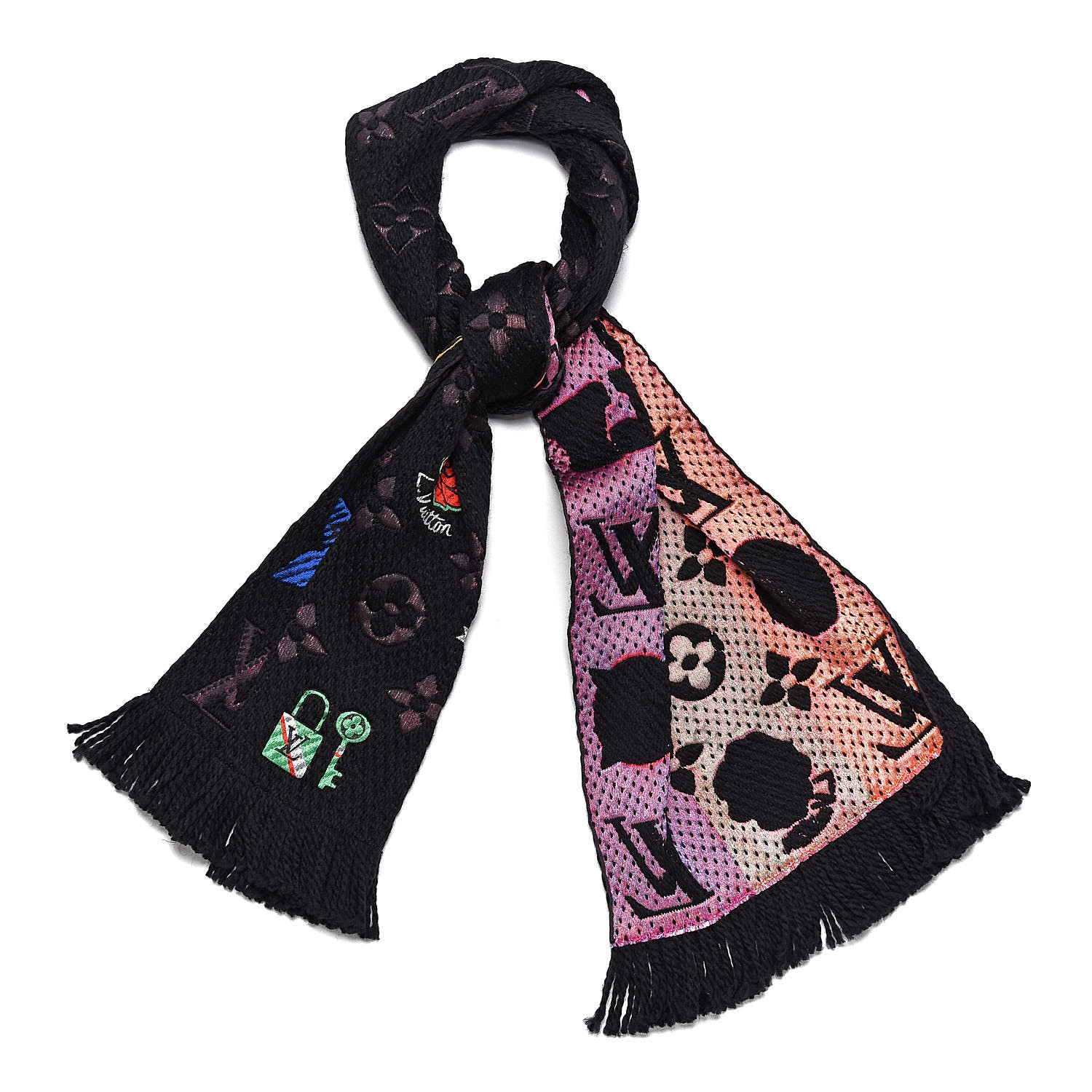 Louis Vuitton Wool Silk Stories Logomania Scarf Black 410622