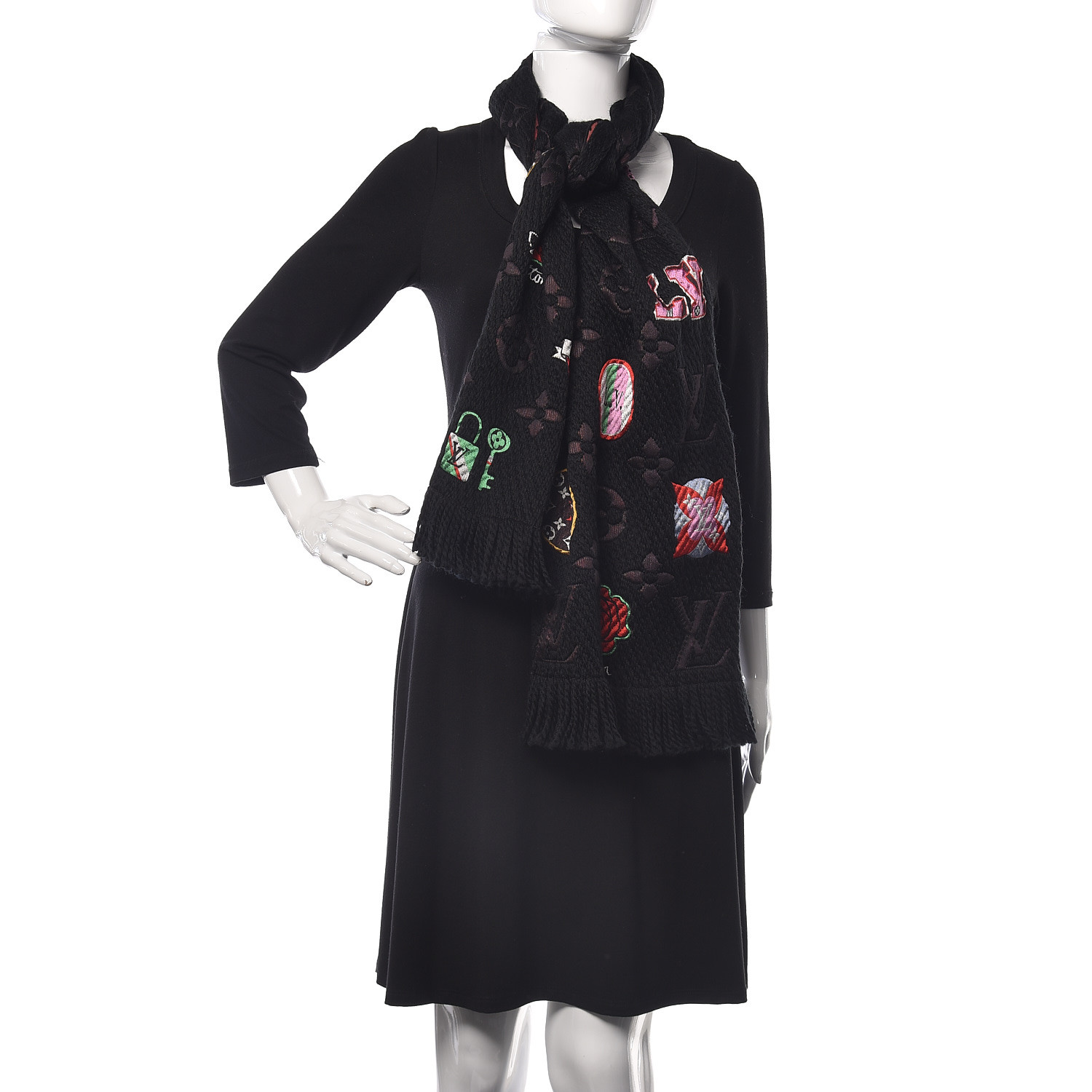 Louis Vuitton Wool Silk Stories Logomania Scarf Black 410622