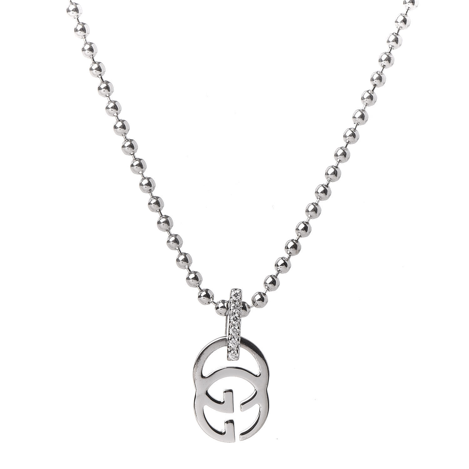 GUCCI 18K White Gold Diamond Running GG Pendant Necklace 410631