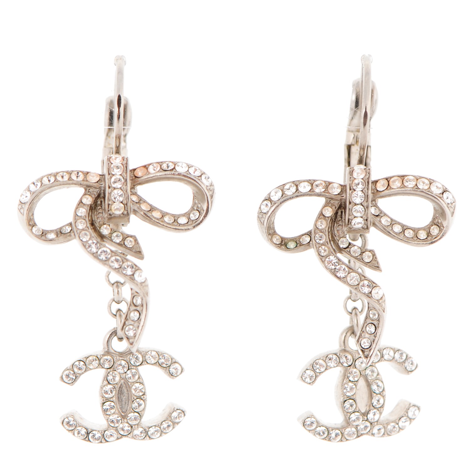 CHANEL Crystal CC Bow Earrings Silver 162817