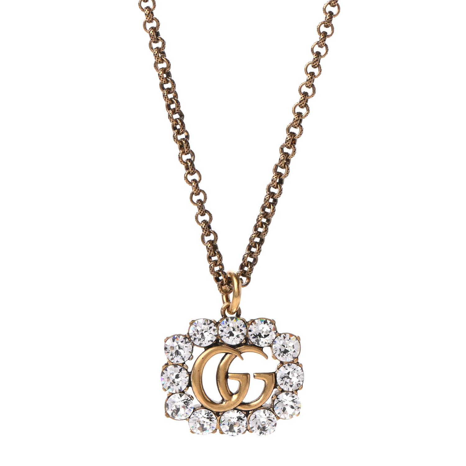 GUCCI Crystal Embellished Double G Necklace Aged Gold 745506 | FASHIONPHILE