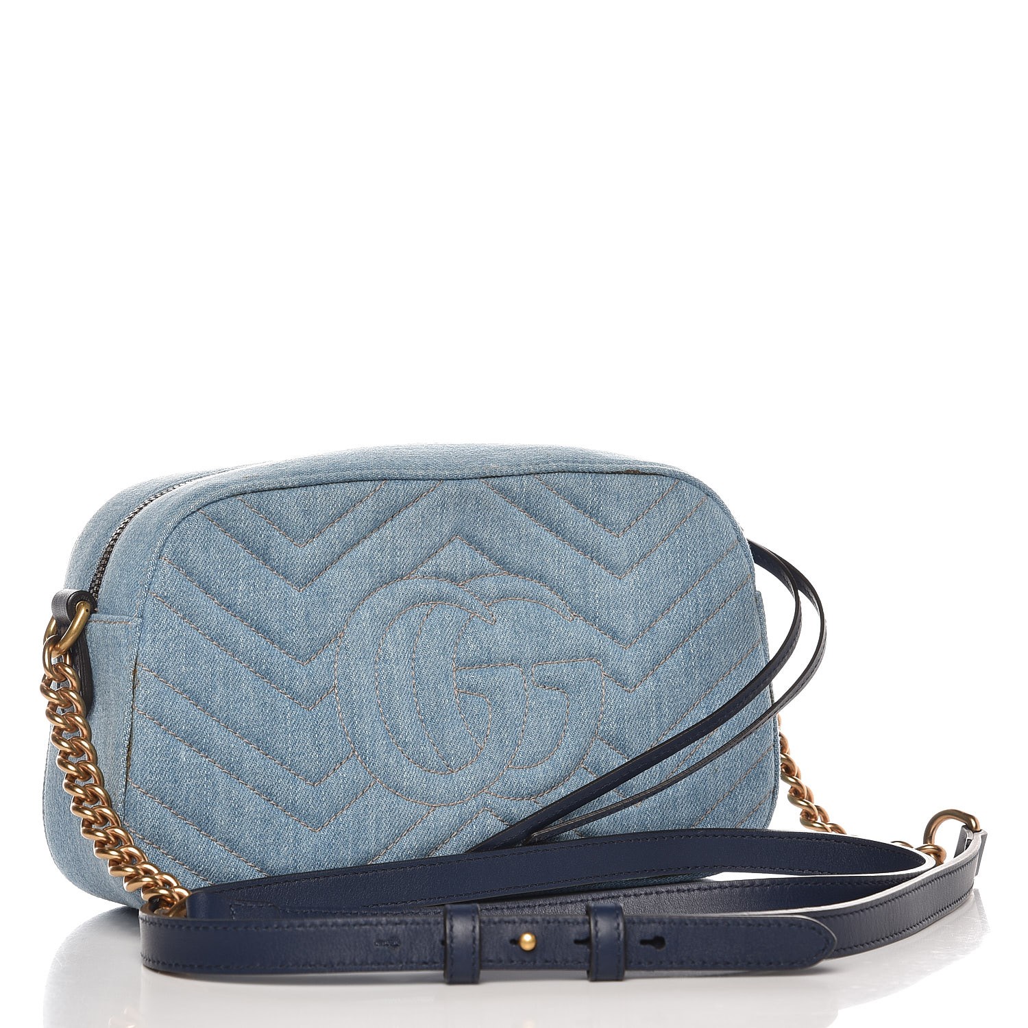 GUCCI Denim Matelasse Pearl Studded Small GG Marmont Chain Shoulder Bag ...