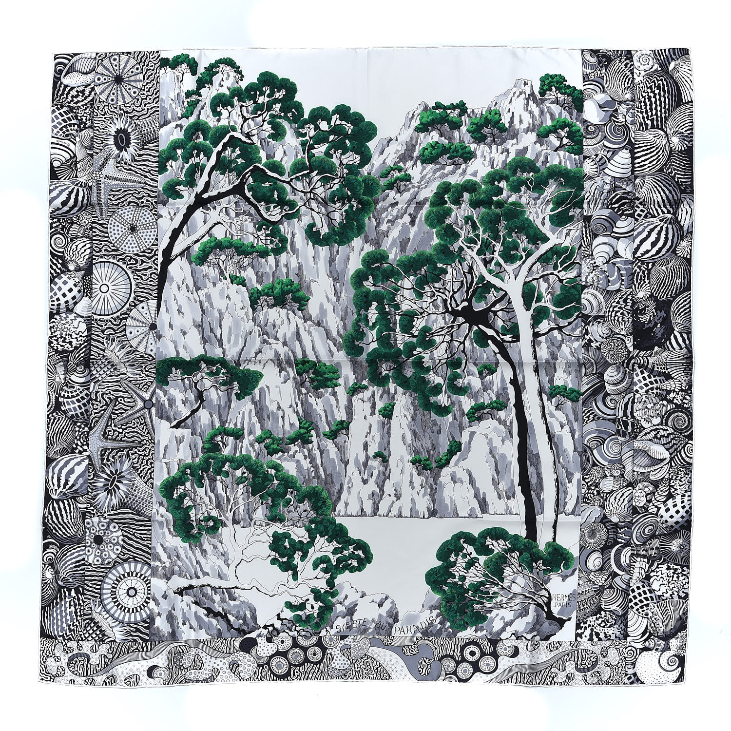 Hermes Silk Sieste Au Paradis Scarf 90 Black White Vert Fashionphile